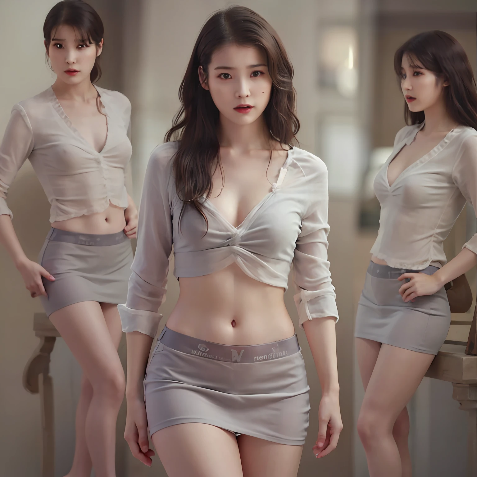nikon RAW photo,8 k,Fujifilm XT3,photorealistic,realistic, solo, photorealistic, best quality, ultra high res, (skin spots:0.1) serious expression, , standing and surrounded by mwn, topless but covering her  with her arms, short, tight see through shirt,Suit skirt beautiful, masterpiece, best quality, extremely detailed face, perfect lighting, solo,1girl, sexy sight best quality, ultra high res, photorealistic, ultra detailed, masterpiece, best quality, iu1, fully naked provoking men, seductive, nipple visible, flirting