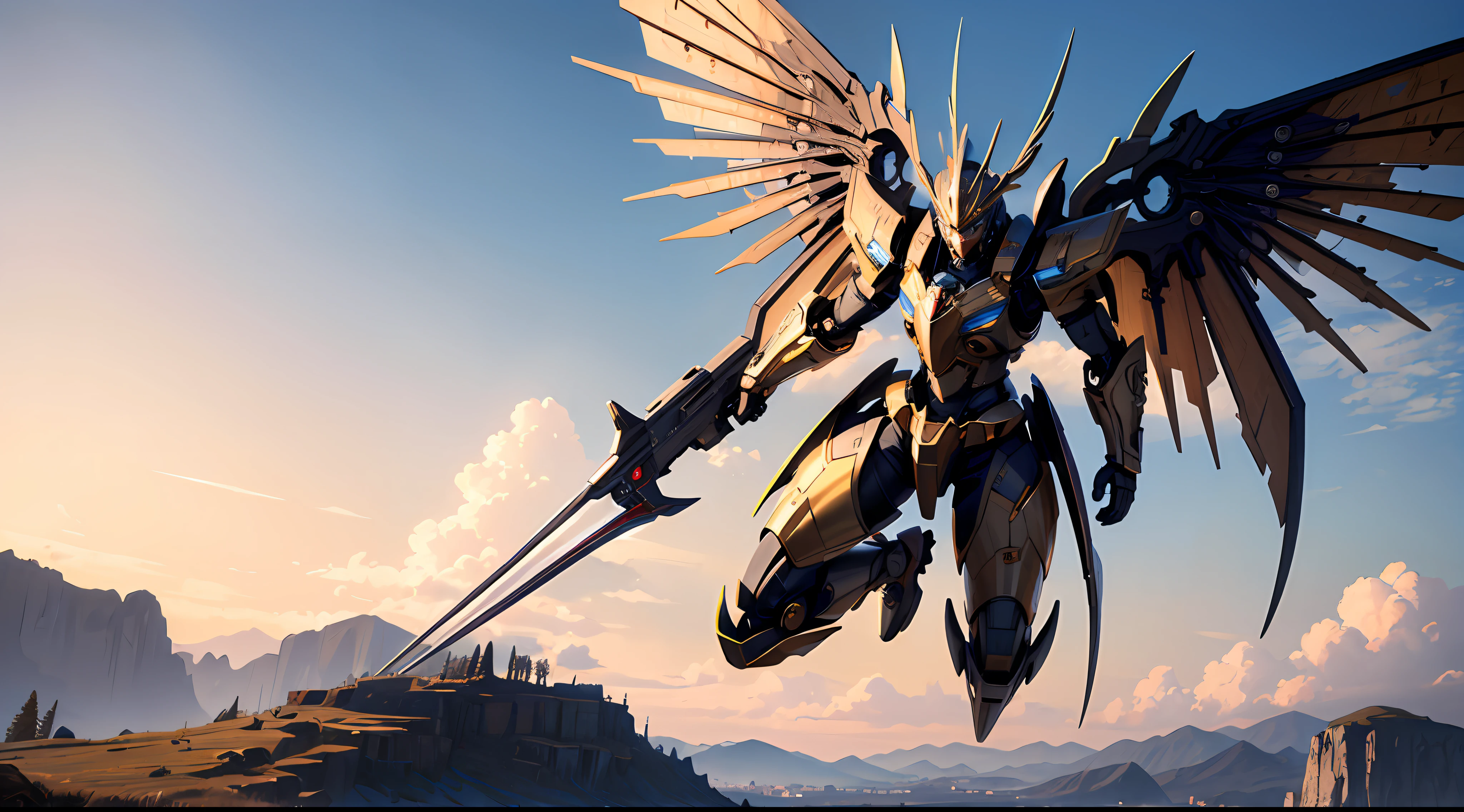 (masterpiece, best quality:1.3),extremely high detailed, intricate, 8k, HDR, wallpaper, cinematic lighting, sky, flying, holding weapon, glowing, armor, glowing eyes, mecha, realistic,mecha, large wings,