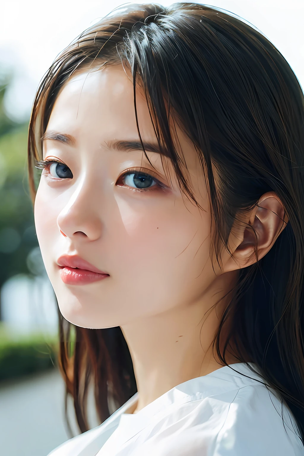 ((Best Quality, 8K, Masterpiece: 1.3)), Sharp: 1.2, Perfect Body Beauty: 1.4, Slim Abs: 1.2, ((Layered Hairstyle, Big Breasts: 1.2)), (Wet White Button Long Shirt: 1.1), (Rain, Street: 1.2), Wet: 1.5, Highly detailed face and skin texture, detailed eyes, double eyelids, side face looking at the camera