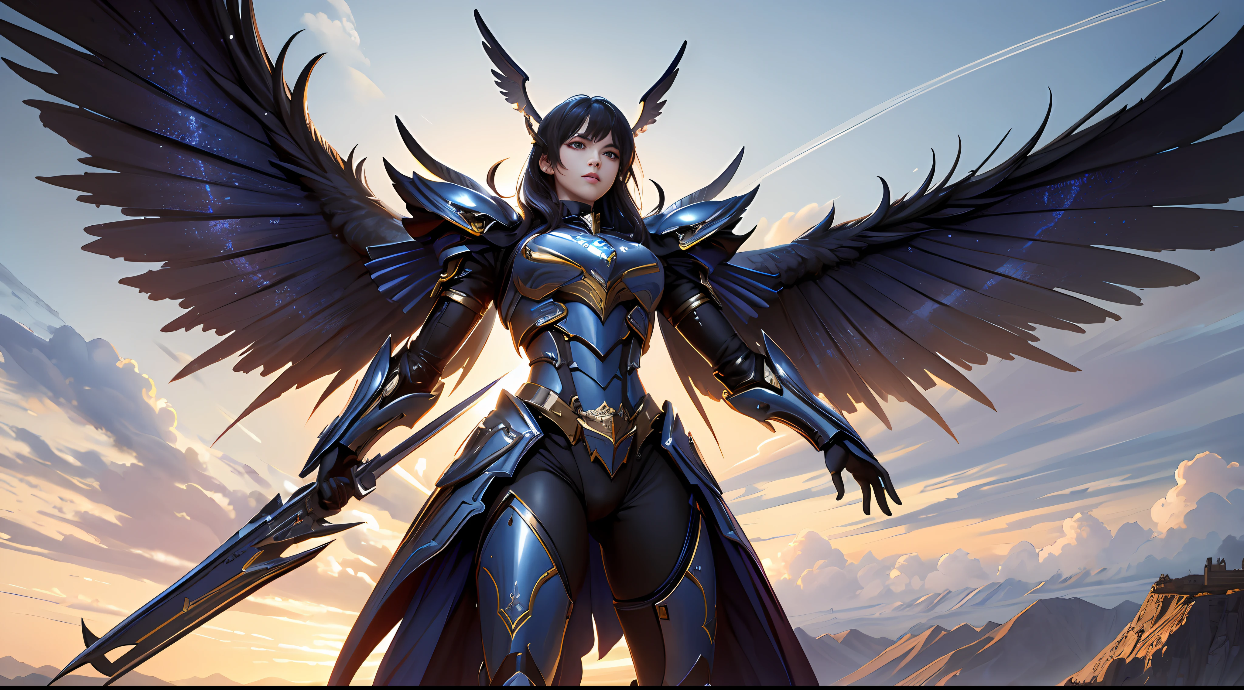 (masterpiece, best quality:1.3),extremely high detailed, intricate, 8k, HDR, wallpaper, cinematic lighting, sky, flying, holding weapon, glowing, armor, glowing eyes, mecha, realistic,mecha, large wings,