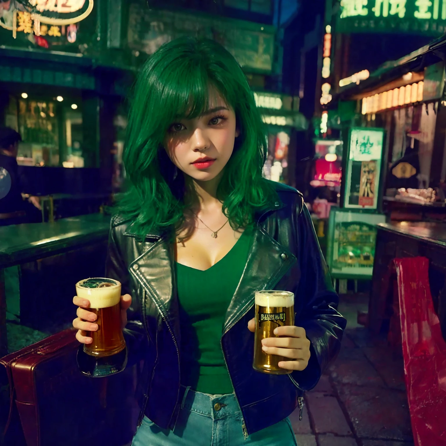 analog style, photo, photography, polaroid shot, vintage 1980, film shot, 18yo girl, chinese, heavy metal, leather jacket, jeans shorts, fishnet pantyhose, green hair, holding a beer bottle, evening, dark, tokyo sidestreet, evening, dark theme