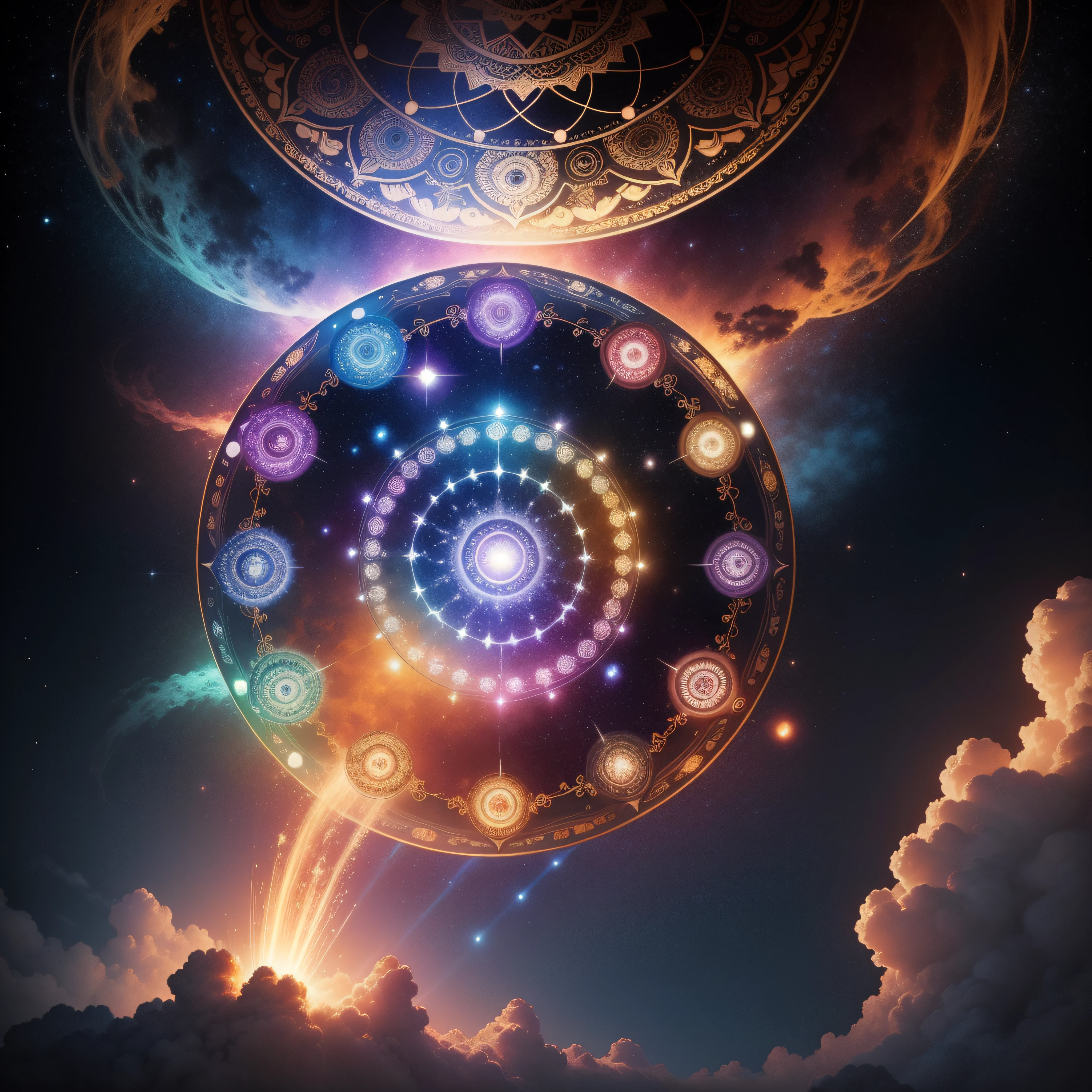 Logomarca de uma Mandala celestial: A symbol with a mandala with celestial elements, como estrelas, luas e nuvens. The mandala represents harmony and balance, enquanto os elementos celestiais evocam a ideia de divindade e espiritualidade. Isso pode transmitir a ideia de camisetas com estampas inspiradas nas maravilhas do cosmos. Image with 300dpi resolution, estilo logomarca, contrasting lighting between the figure and the background, imagem interessante e chamativa, Hyper detailed and very high resolution, imagem vetorial