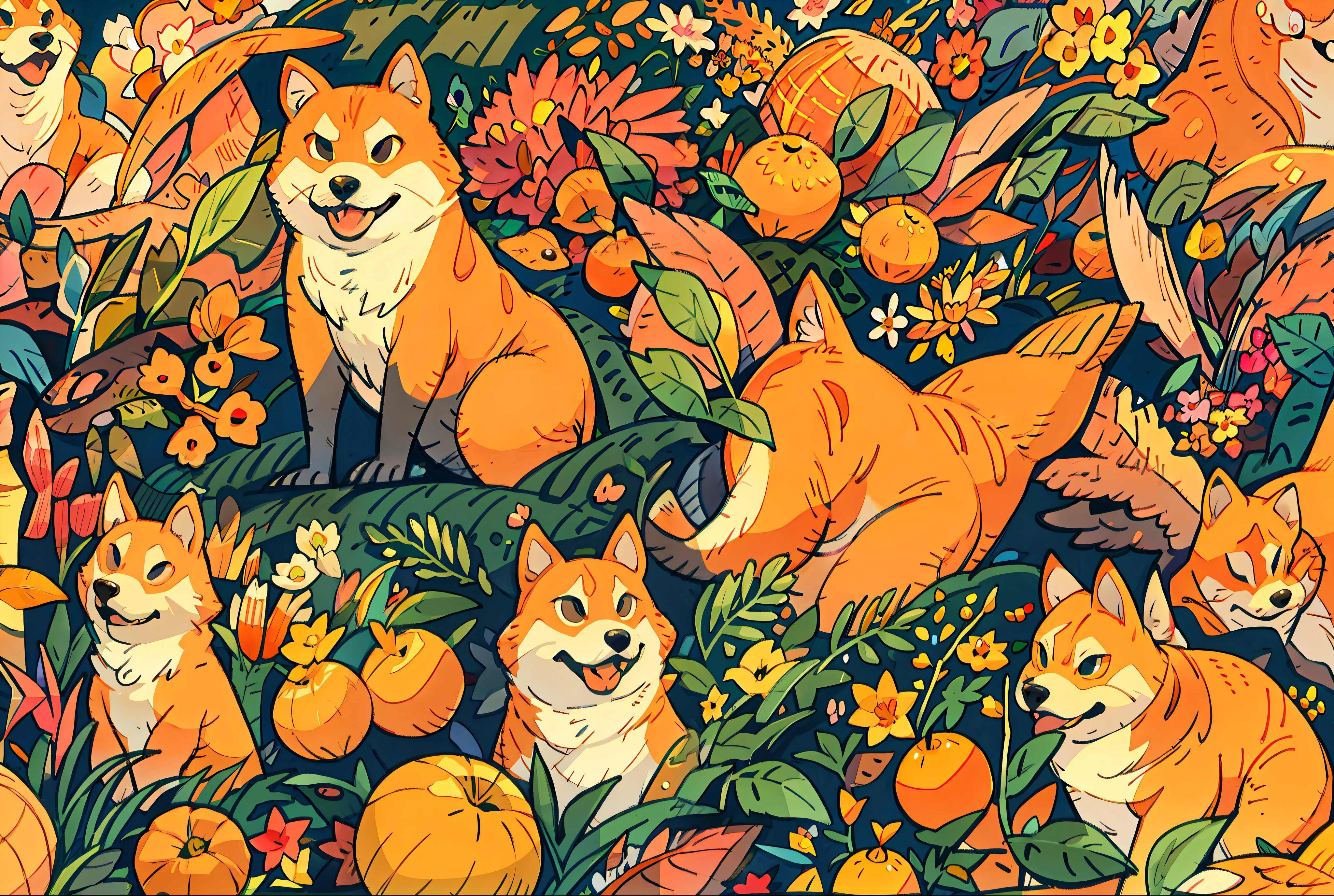 Cute Shiba Inu，Wearing clothes in the shape of oranges,Flowers and birds next to it, fantasy，whimsically，the sunset，Autumn high，Epic detail，Hopeful，elated，Soft light，Beautiful lighting，Fantasy Starry Sky，Colorful color scheme，The low-purity tone，cinema shot，Film photography，illustration，High detail，hyper qualit，Full-HD,1080p,2K4K18K