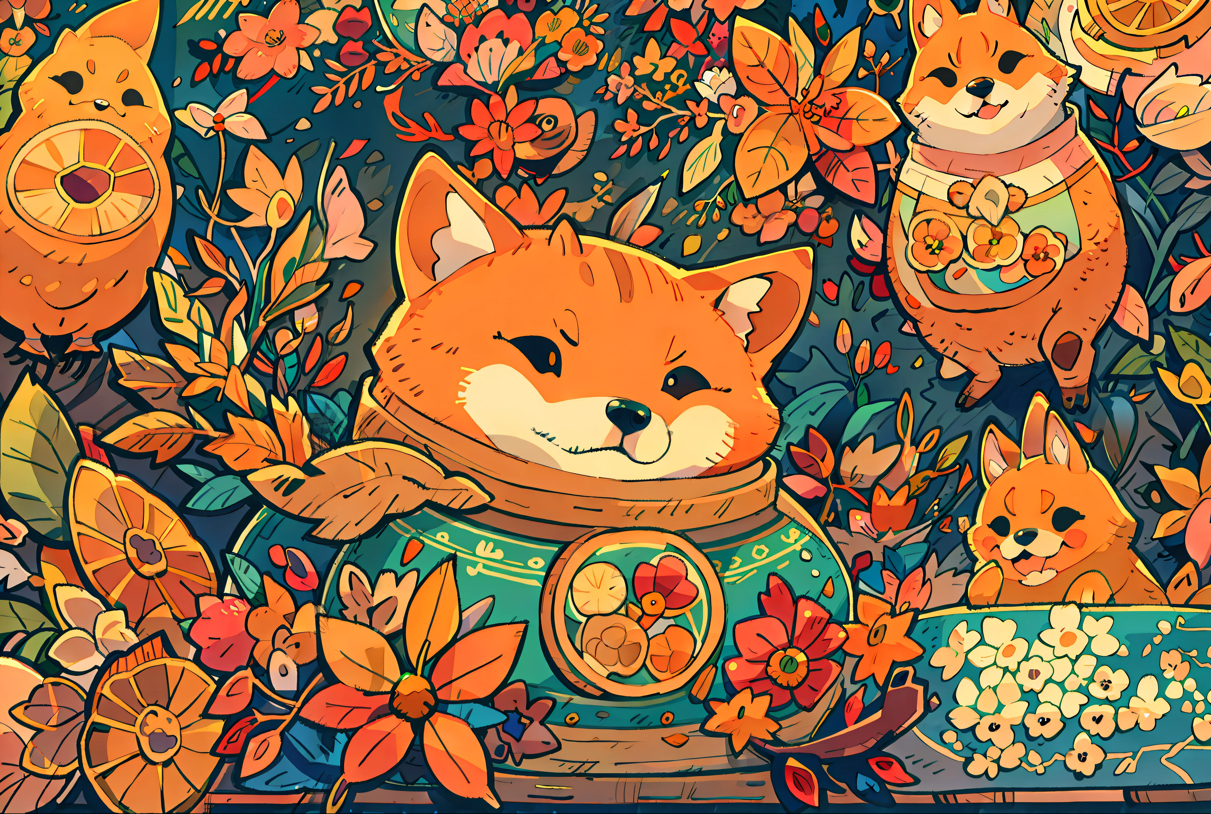 A cute Shiba Inu，Wearing clothes in the shape of oranges,Flowers and birds next to it, fantasy，whimsically，the sunset，Autumn high，Epic detail，Hopeful，elated，Soft light，Beautiful lighting，Colorful color scheme，The low-purity tone，Maximalism，cinema shot，illustration，in style of hayao miyazaki，High detail，hyper qualit，Full-HD,1080p,2K4K18K