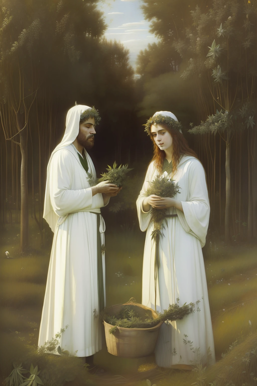 "(((Pre-Raphaelite painting of the harvest of sacred herbs by the white-robed Celtic druids, samambaias e juncos)))"