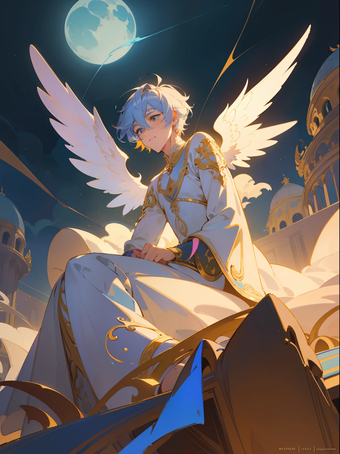 An male angel with beautiful and delicate ornaments on her wings sits in a stone palace built on a sea of clouds. He has a beautiful face and shining eyes of vivid colors. He wears intricate and delicate ornaments. Mysterious heavenly palace illuminated by moonlight. Detailed drawings. Vivid colors. High image quality.