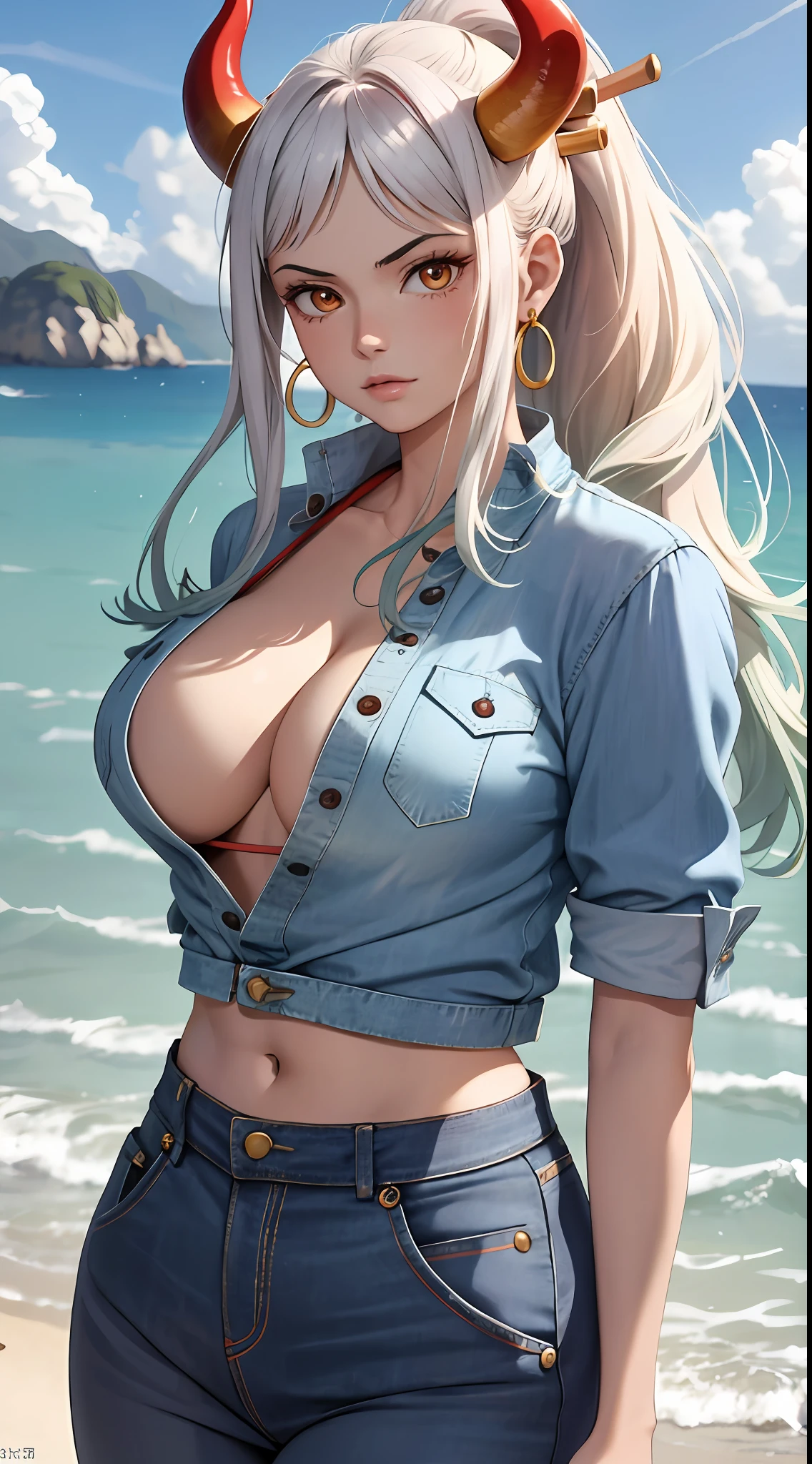 Masterpiece, Best quality, 1womanl, A high resolution,  Beautiful girl ,  yamatowanpi，Large breasts，cleavage，denim pant，looks into camera，Bust photo，Raised sexy，Be red in the face，Sea background