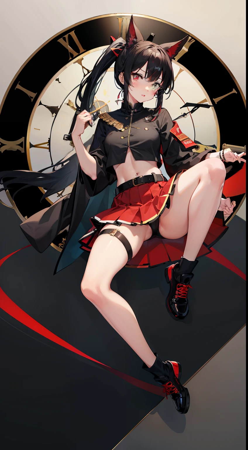 highest masterpiece，high high quality，Tokisaki Crazy Three，Clock eyes，Heterochromic pupils，Black hair with double ponytail，Double gun，Clock background，Red and black puffy skirt，small boobs，Full body photo，fleshy legs，独奏，1girl