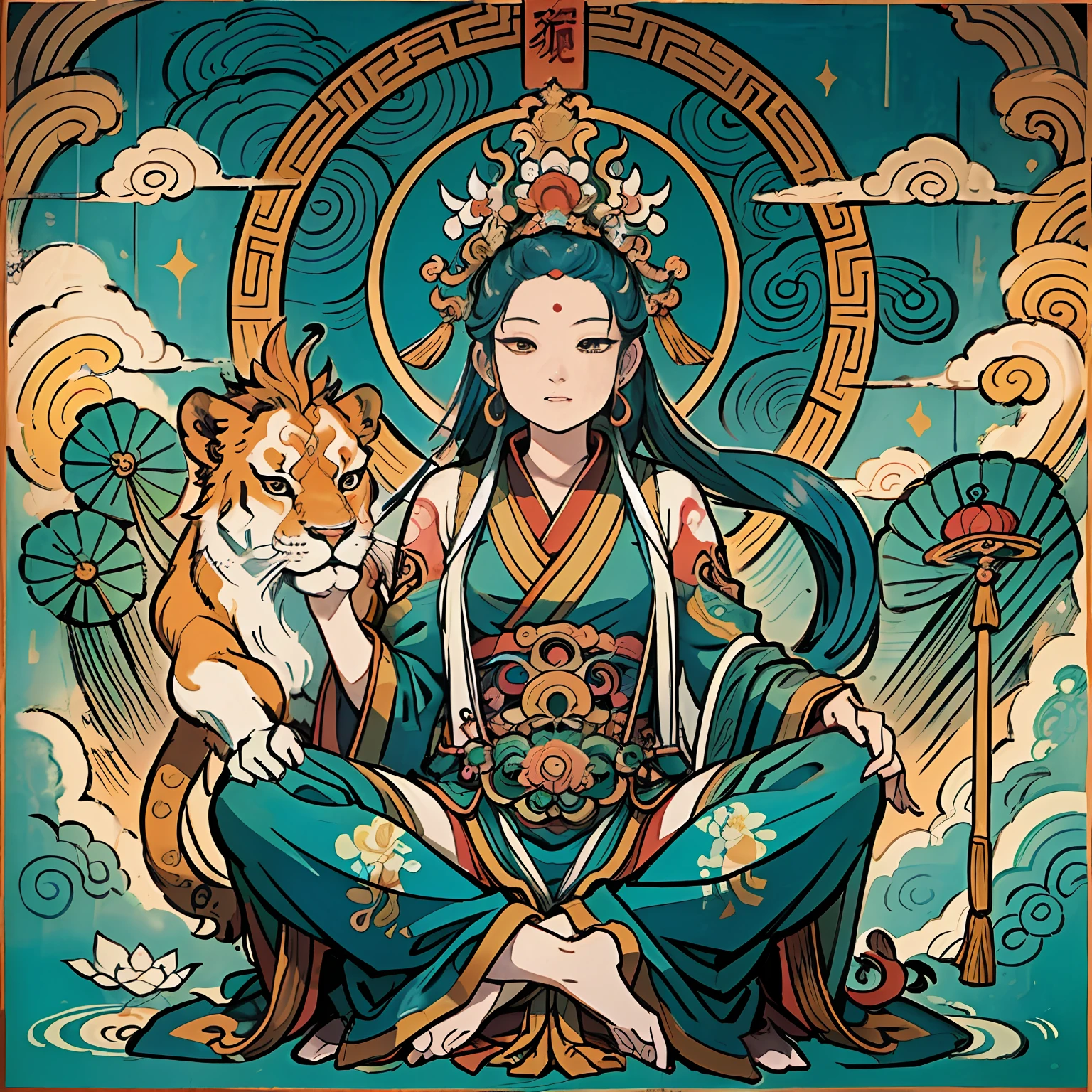 an ancient Chinese goddess, guanyin of the southern seas, Guanyin, Inspired by India, Avalokiteshvara rides a lion,Serene expression,shui mo hua,Buddha,Buddhist,Lotus,Chinese painting style,Thangka style