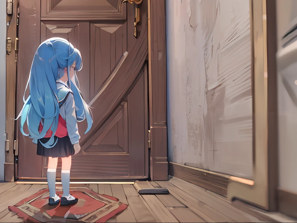 Best quality, tmasterpiece, A 12-year-old girl（Long blue hair and blue eyes），In a dimly lit room，The little girl stood against the wall in the doorway，There is a little gap in the door，There is a faint light inside the door