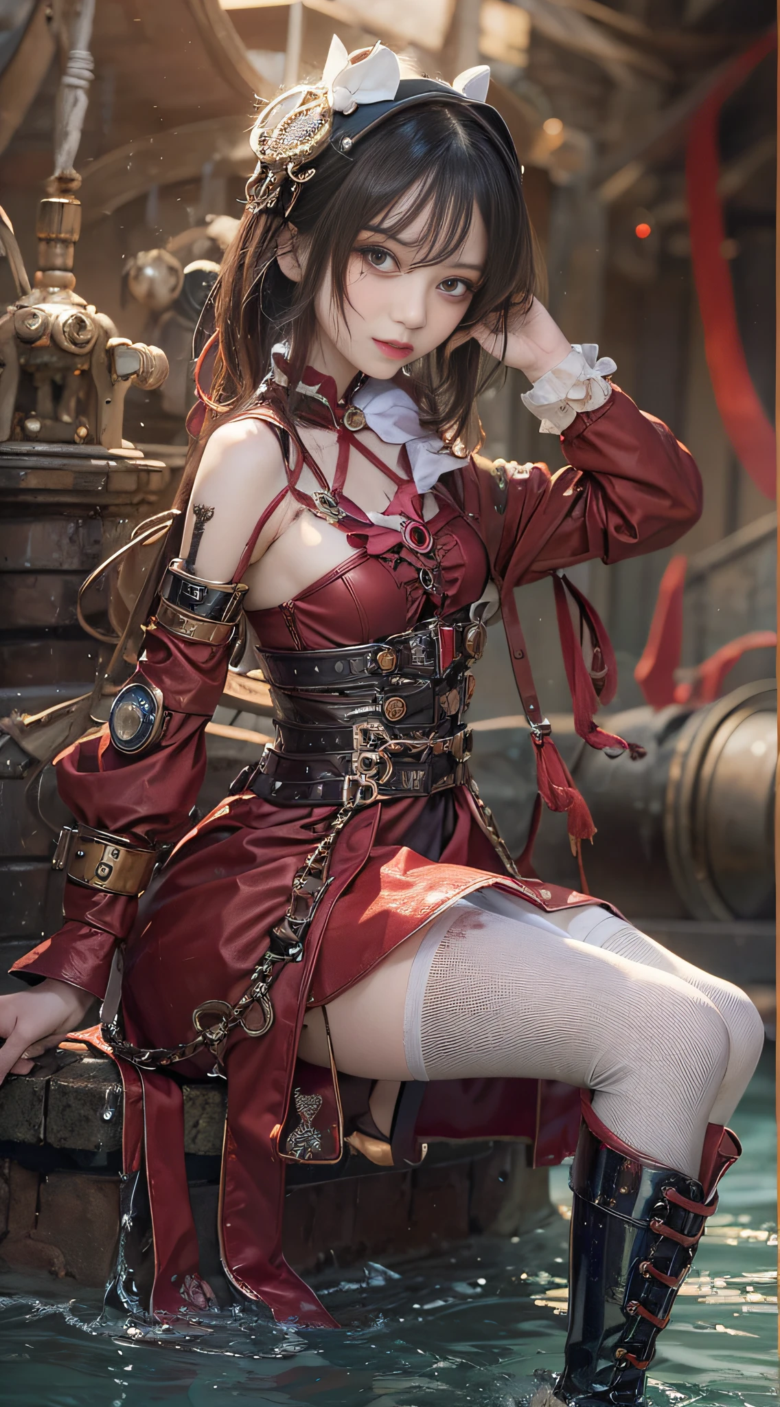 Sexy 21 year old cool Korean posing in red cheongsam and black garter, chinese clothes,, The beauty of steampunk anime, a steampunk beautiful goddess, Jeizuo, magnifica, viewer, Realistis, Full body camera view, Kneeling, Squatting, Bold, tall, Forced real water, See-through mini shirt with less white fabric, White see-through string, Less steampunk, Very detailed, Beautiful eyes of cosplay details, long eyelashes, Nice double eyelids, eye shadow, Narrow eyes, Three white eyes, Dark Eye Makeup, Evil smile, Thin, Beautiful legs, Tie short hair back, Bad face, Rolling eyes, Blushing, water running in mouth, Sticky tongue, Vaginal orchid, Vaginal discharge, Squirting, (((Very small breasts))), Grasp your breasts with both hands, Spread legs, sexual excitement, Sex Expressions, Bare skin