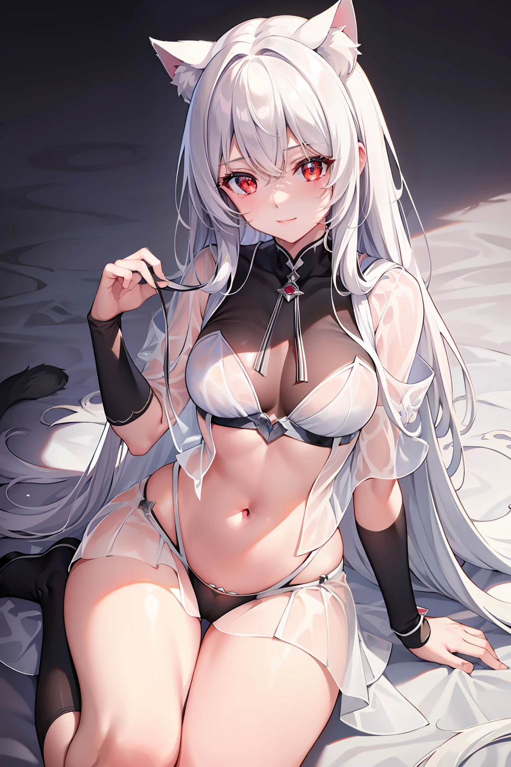 (Masterpiece), (Best quality), full bodyesbian,Simple background, 1girll,Shiny hair,White hair, White cloak, ((See-through)),navel,Light smile,((black sock)),black_Bikini ,navel，cat ear, Long hair， Red eyes，(Gushki thighs:1.2), Beds