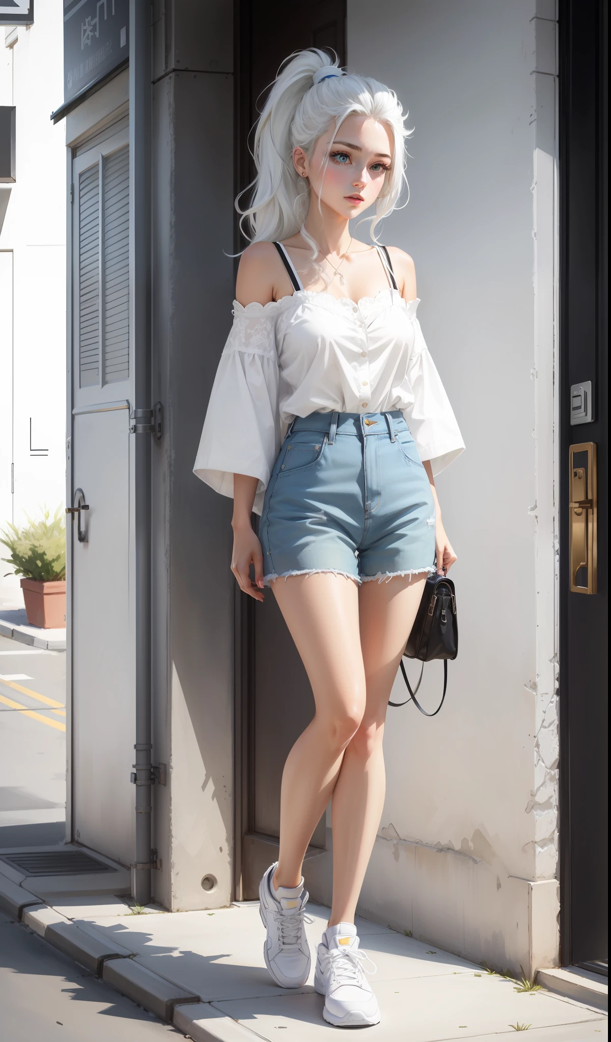 One wears a white lace shirt((Off-the-shoulder suspenders))Play video game with woman in white tight shorts,Minimalist style,Wear elegant casual clothing,Soft white,Simple lace dress,Milk style,casual clothing style,modern fashion outfit,Dressed as a fisherman,casual modern clothing,inspo , white clothes, white pantie, Neutral tones, White color scheme, casual business outfit, Scary face, Nike shoes, 22 year old, adult face, The flesh is flowing, and the high ponytail, ((Creamy white hair))