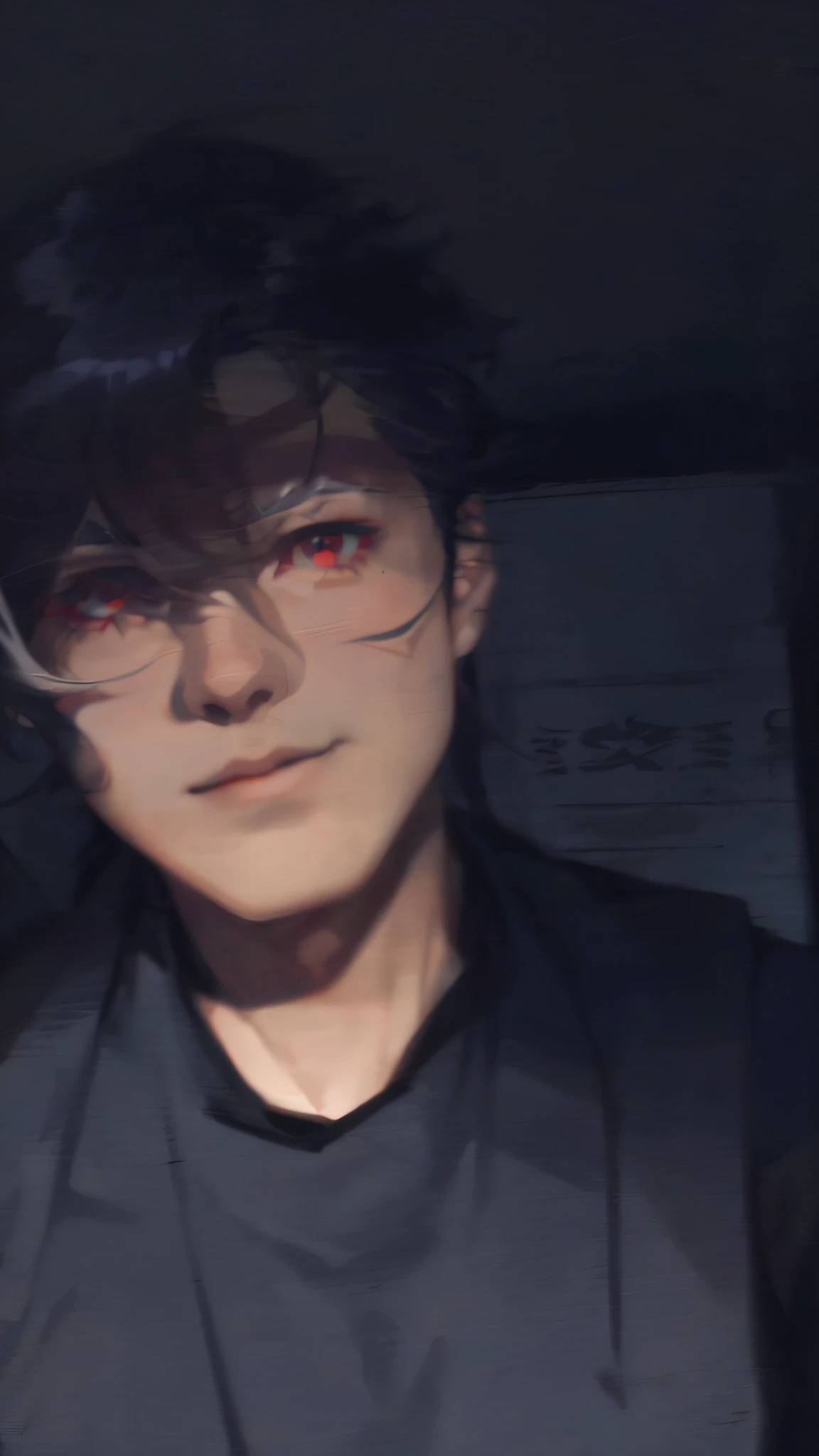 Official Art Illustration, solo, antique handsome guy, handsome, silver hair, red eyes, floating hair, cold expression, asymmetrical hairstyle, delicate eyes, Shura, wearing black shirt, gorgeous accessories, wearing red earrings, fov, f/1.8, masterpiece, night, side light, moonlight on people, 8K, hazy