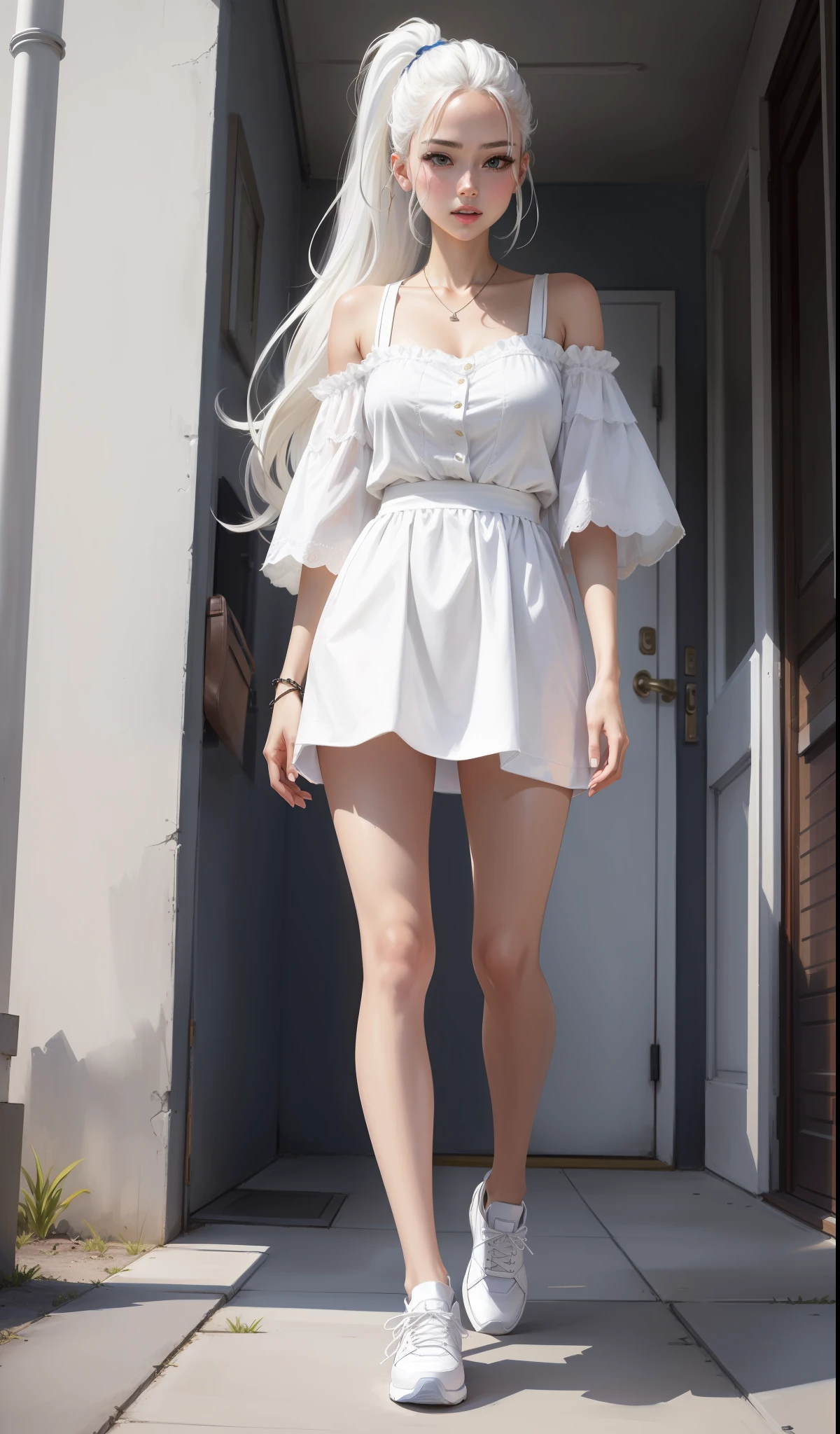 One wears a white lace shirt((Off-the-shoulder suspenders))Play video game with woman in white tight shorts,Minimalist style,Wear elegant casual clothing,Soft white,Simple lace dress,Milk style,casual clothing style,modern fashion outfit,Dressed as a fisherman,casual modern clothing,inspo , white clothes, white pantie, Neutral tones, White color scheme, casual business outfit, Scary face, Nike shoes, 22 year old, adult face, The flesh is flowing, and the high ponytail, ((Creamy white hair))