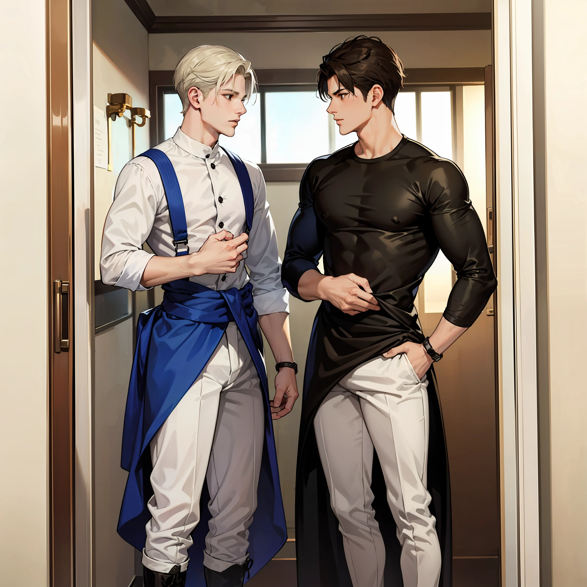 Two beautiful men tugging at each other in a closed room