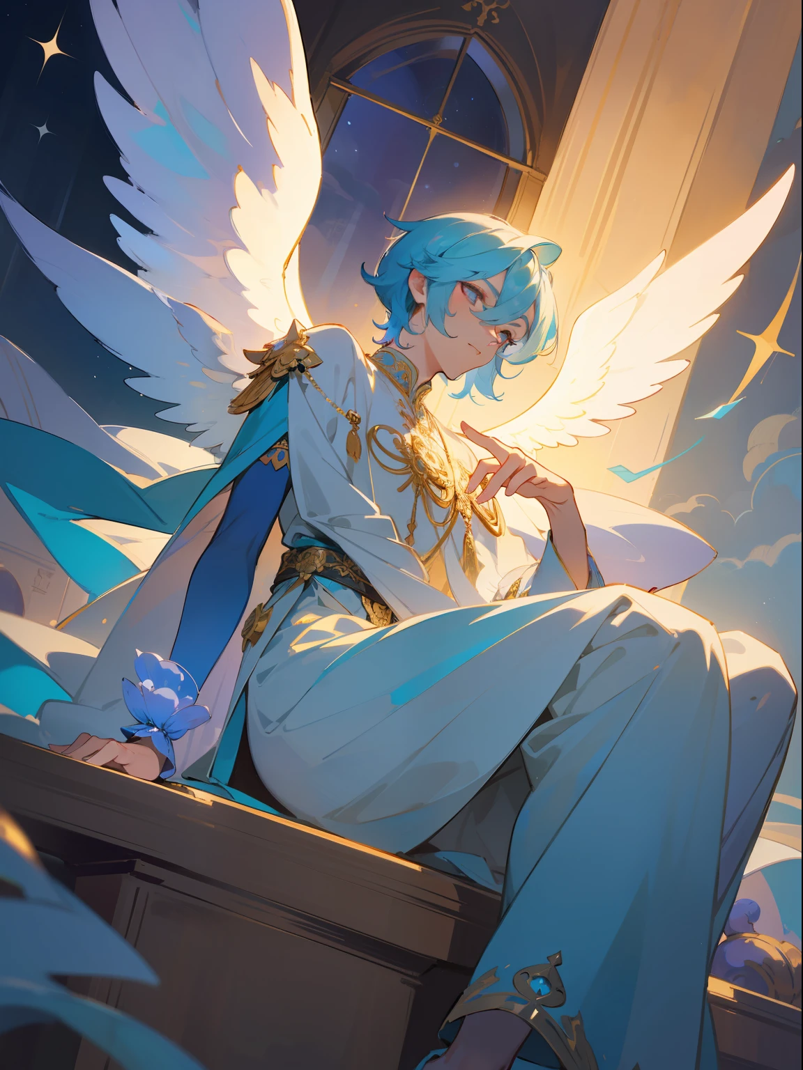 An male angel with beautiful and delicate ornaments on her wings sits in a stone palace built on a sea of clouds. He has a beautiful face and shining eyes of vivid colors. He wears intricate and delicate ornaments. Mysterious heavenly palace illuminated by moonlight. Detailed drawings. Vivid colors. High image quality.