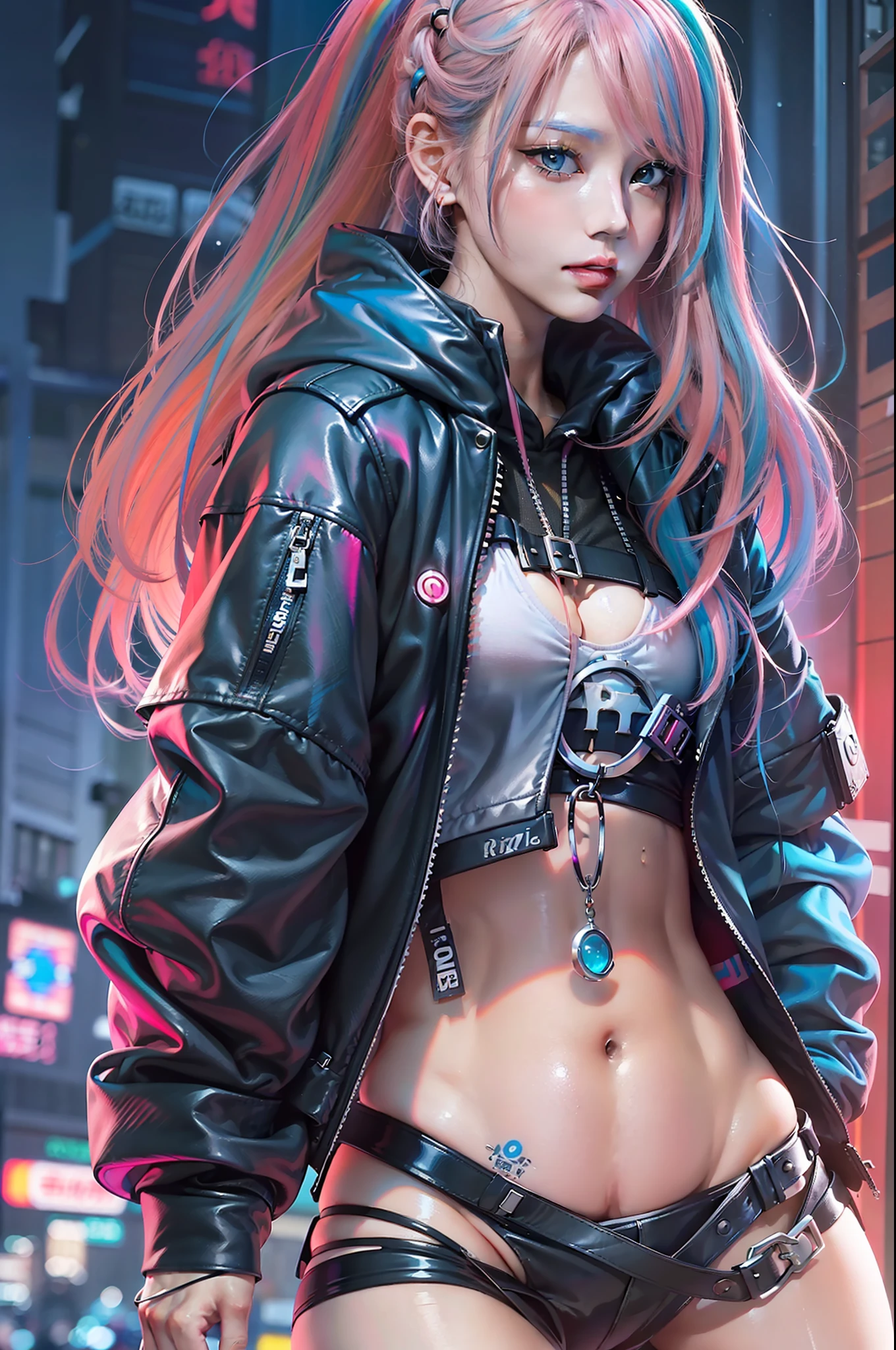 ((top-quality、8K、masterpiece:1.3))、Focus:1.2、perfectbodybeauty:1.4、s ass:1.2、(((rainbow-colored hair、colourful hair、Half blue and half pink hair:1.2)、breastsout:1.2))、(Wet clothes:1.1)、(Sateen、Street:1.3)、Bandeau Dress:1.1、Highly detailed facial and skin texture、Narrow-eyed、二重まぶた、Whitening skin、(Shut up:1.3)、Smiling anime girl in black leather jacket and black leather shorts, female cyberpunk anime girl, Cyberpunk Anime Girl, Digital Cyberpunk Anime Art, cyberpunk 2 0 y. o Model girl, dreamy cyberpunk girl, digital cyberpunk - anime art, anime cyberpunk art, anime style 4 k, an oppai cyberpunk, cyberpunk anime girl in hoodie, cyberpunk beautiful girl, Cyberpunk Girl, (cyberpunk anime art,clear clear light blue eyes)