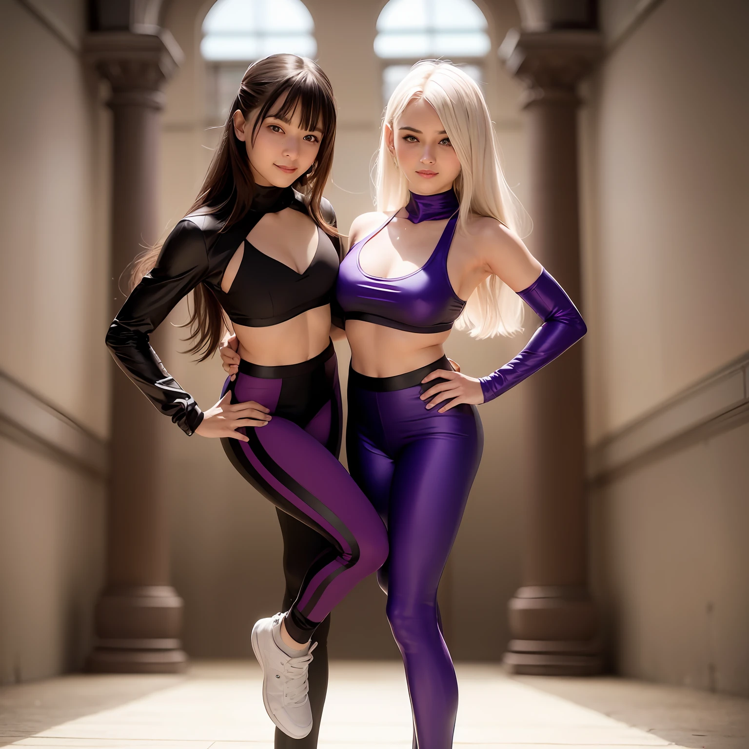 Two girls in purple sportswear pose for a photo in a gym, Modeling for Dulce and Gabanna, purple bridges with leggings, Zweiteilige Trainingskleidung, dancer, Bild anpassen, We see them from head to toe, next gen, toned, Karosserieabdeckungen mit Neonkristallen, Gemeinsam im BH posieren, Enge Kleidung, Pose ready for a fight, two girls