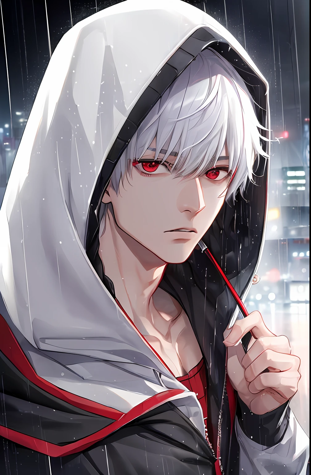 kk, best quality, more details, masterpiece, 1boy, kaneki ken, portrait, male focus, red eyes, solo, bangs, looking at viewer, hood, short hair, rain, tokyo tokyo \(city\),  hood up, nail polish, white hair, luxurious, 8k, detailed, ray tracing, depth of field, cinematic lighting,