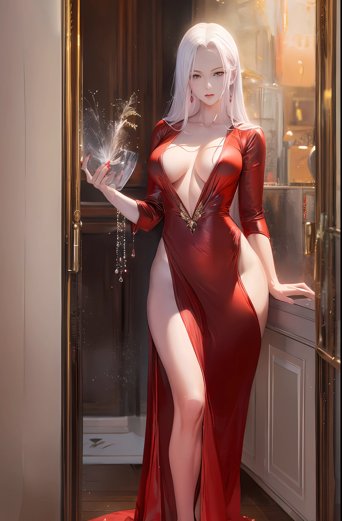 A masterpiece of anime, an impeccable masterpiece, a mature female character dressed in a sexy red robe, flowing silver hair, full body standing, slender legs, straight breasts, detailed facial details, natural standing