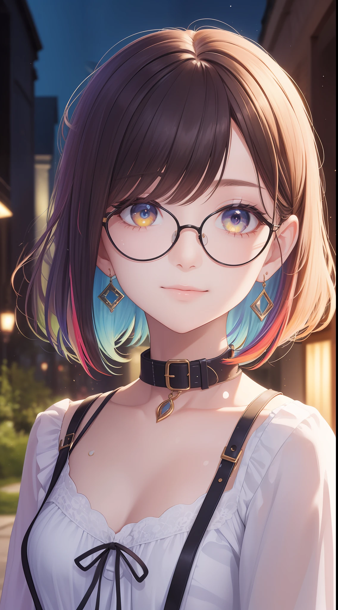 (masterpiece), best quality, expressive eyes, perfect face, 1girl, solo, bluntbangs hair, (illustration: 1.1), (best quality), (beautiful and clear background: 1.25), (extremely detailed CG unity 8k wallpaper: 1.1), (colorful: 0.9), (depth of field: 0.75), (splash ink: 0.95), (splash color: 0.85), (watercolor: 0.65),
(detailed eyes: 1.4), golden eyes, multicolored hair, bright eyes, multi line in hair, gradation colored hair, glasses
(purple tunic shirtdress: 1.4),collar, earrings, sandals,
looking_at_viewer, smile, park, outdoor, night, detailed night lamp, close up,