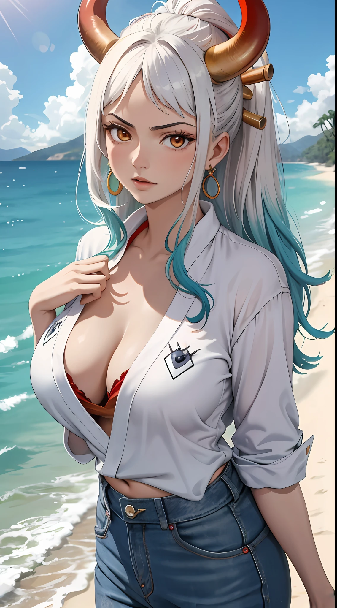 Masterpiece, Best quality, 1womanl, A high resolution,  Beautiful girl ,  yamatowanpi，Large breasts，cleavage，White color blouse，denim pant，looks into camera，Bust photo，Raised sexy，Be red in the face，Sea background