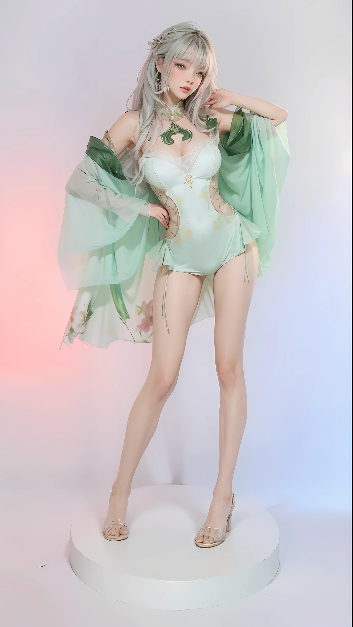 The art depicts a charming woman dressed in a flowing, silky traditional oriental dress, pink, decorated with intricate patterns and bright colors. Her dress drapes elegantly over her curvy figure, accentuating her seductive silhouette. She stood gracefully in the quiet moonlit night, bathed in the soft glow of the moonlight. The scene exudes an ethereal and dreamy atmosphere, with a touch of mystery and sexiness. The graphic style blends watercolor and digital illustration techniques to evoke a refined beauty and charm. The lights are filled with soft moonlight, casting soft highlights and shadows on her charming features. Bare thighs, big breasts