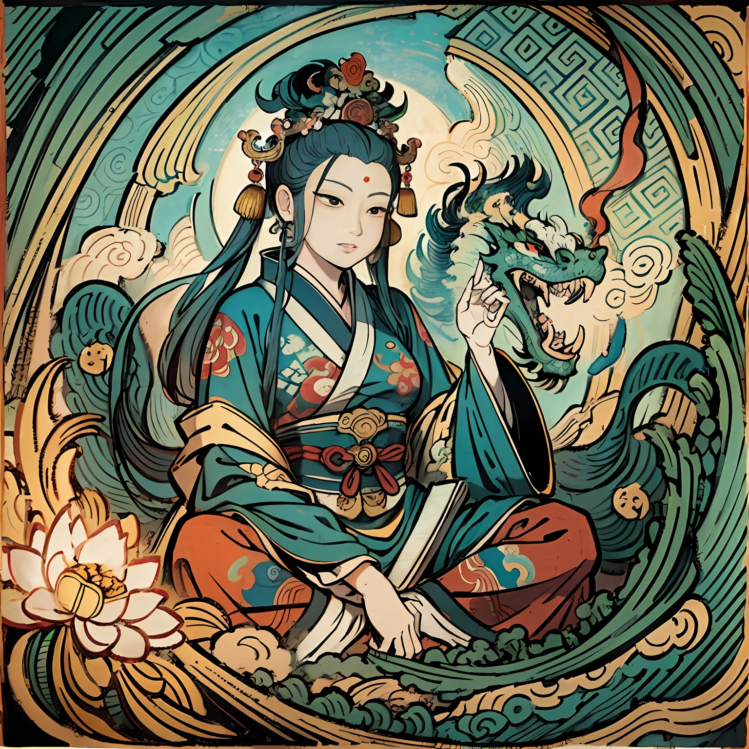 an ancient Chinese goddess, guanyin of the southern seas, Guanyin, Inspired by India, Avalokiteshvara rides a dragon,Serene expression,shui mo hua,Buddha,Buddhist,Lotus,Chinese painting style,Thangka style