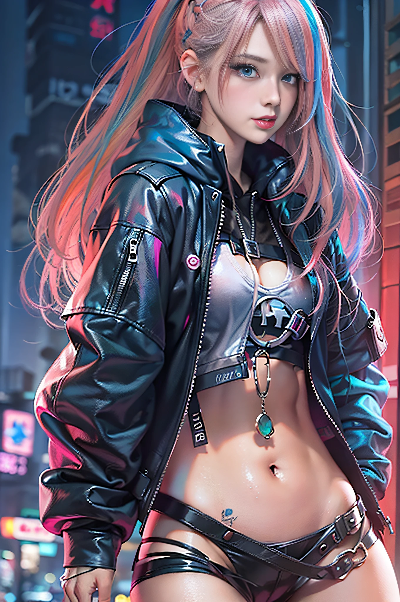 ((top-quality、8K、masterpiece:1.3))、Focus:1.2、perfectbodybeauty:1.4、s ass:1.2、(((rainbow-colored hair、colourful hair、Half blue and half pink hair:1.2)、breastsout:1.2))、(Wet clothes:1.1)、(Sateen、Street:1.3)、Bandeau Dress:1.1、Highly detailed facial and skin texture、Narrow-eyed、二重まぶた、Whitening skin、(Shut up:1.3)、Smiling anime girl in black leather jacket and black leather shorts, female cyberpunk anime girl, Cyberpunk Anime Girl, Digital Cyberpunk Anime Art, cyberpunk 2 0 y. o Model girl, dreamy cyberpunk girl, digital cyberpunk - anime art, anime cyberpunk art, anime style 4 k, an oppai cyberpunk, cyberpunk anime girl in hoodie, cyberpunk beautiful girl, Cyberpunk Girl, (cyberpunk anime art,clear clear light blue eyes)
