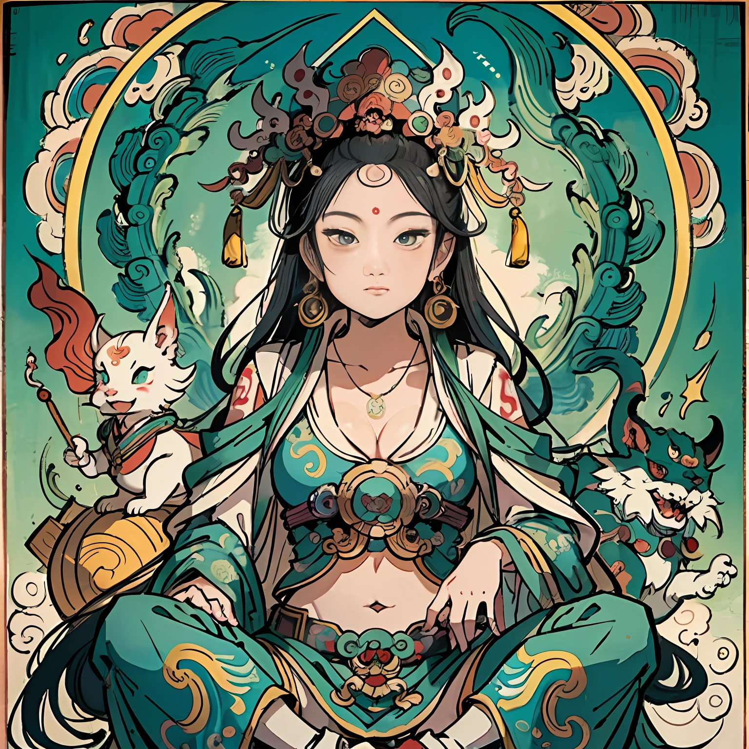 an ancient Chinese goddess, guanyin of the southern seas, Guanyin, Inspired by India, Avalokiteshvara rides a dragon,Serene expression,shui mo hua,Buddha,Buddhist,Lotus,Chinese painting style,Thangka style