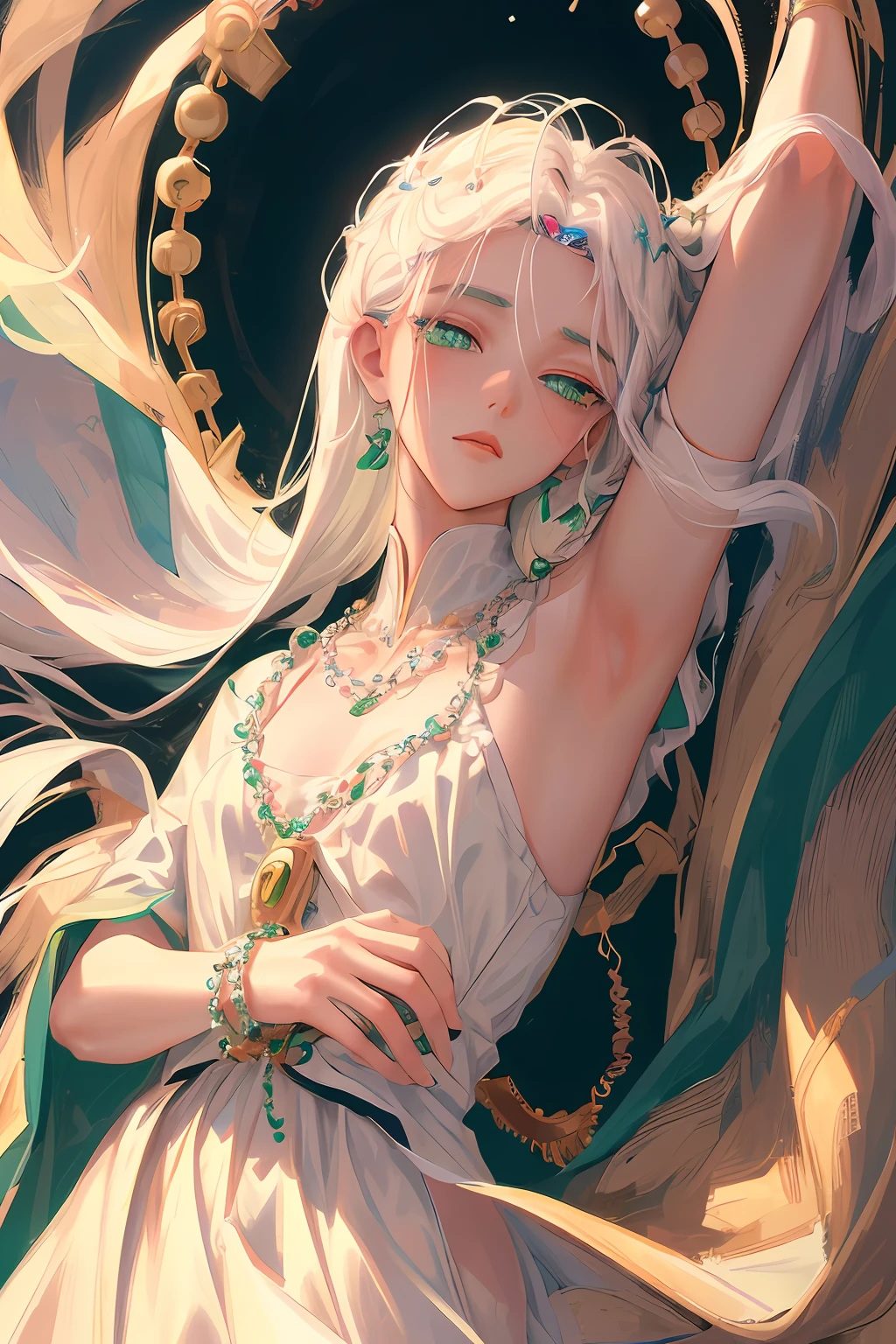 ((tmasterpiece、Need、ultra-delicate、A high resolution)), 独奏, Beautiful boy, Mysterious green eyes, perfect eyes, 18yr old, Black and white gold theme,Prayer beads,White hair,long whitr hair,Miscellaneous hairs,mistic,the witcher