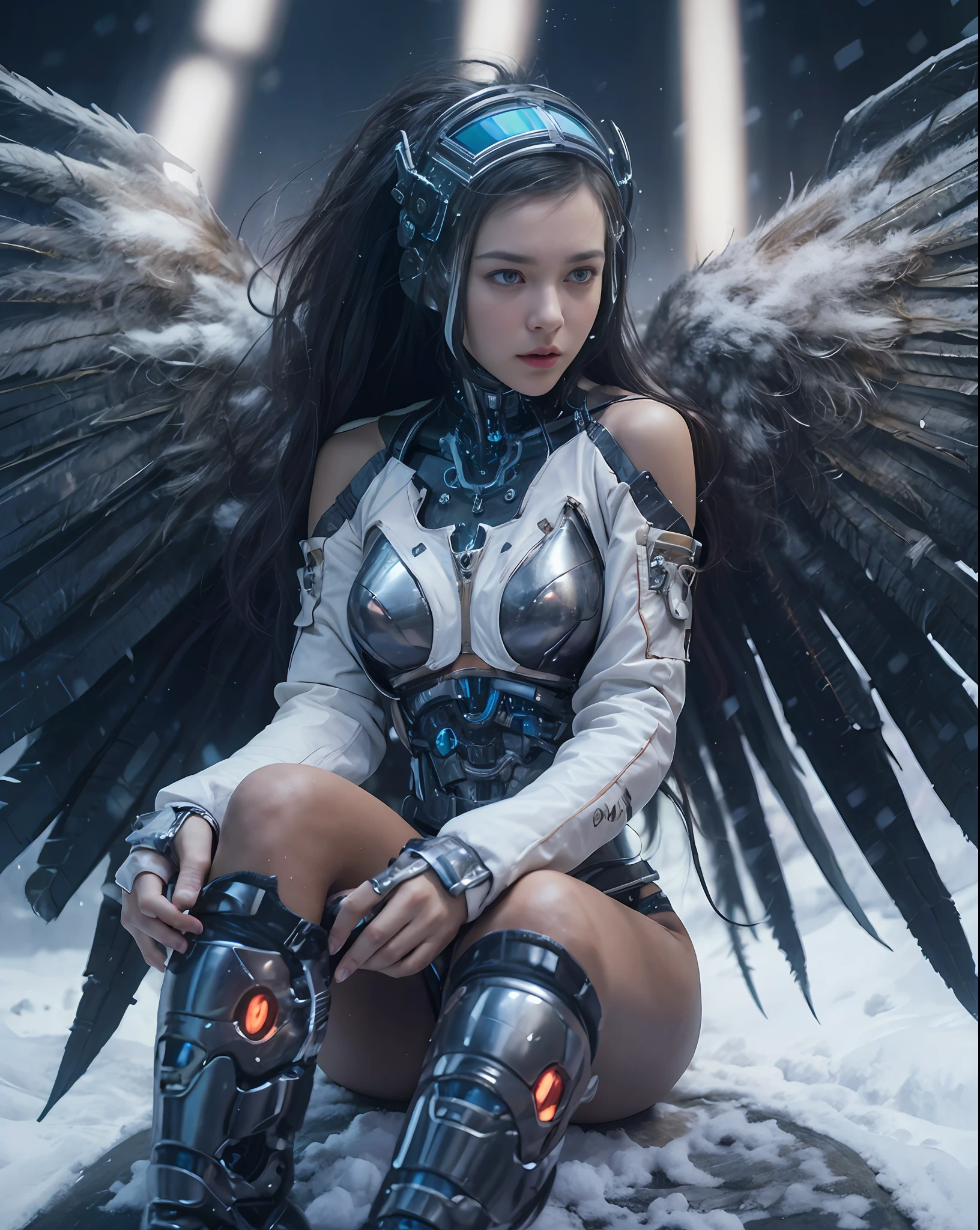 1girl, solo, realistic, photography, wearing a cyberpunk helmet, underwear, sitting with their legs crossed, greaves, medium breast, (cyborg arms:1.4), cinematic colorgrading film, dramatic scenes, RAW photo, Masterpiece, ultra wide angle, half-body, Ultra Fine Photo, Best Quality, Ultra High Resolution, Photorealistic, volumetric light, Stunningly Beautiful, Delicate Face, Vibrant Eyes, (Highest quality:1.3), (sharp focus:1.5), (skin_textures:1.2), (photorealistic:1.5), (highly detailed skin), (detailed face), (high detailed skin:1.2), (glistening skin:1.15), night, city, snow, snowy, (big wings:1.2), glossy, calestial, looking viewer,  (fluffy crop jacket:1.2)