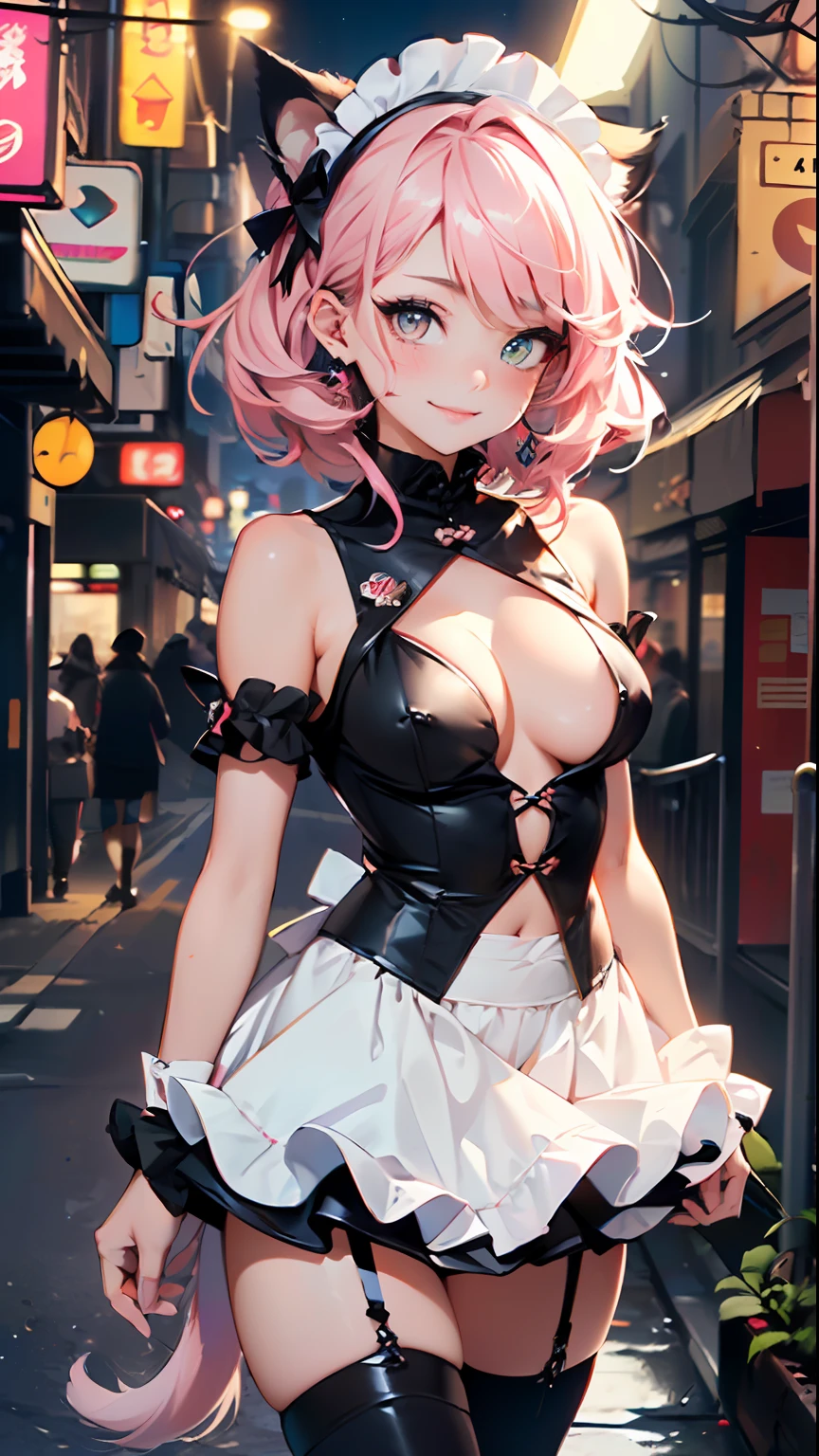 Super cute little maid cat girl,(((1girl))),(((little li,small tiny body,petite))),(((6 ye),((anime maid cat girl with extremely cute and beautiful pale pink hair walking seductively down the street)),(((cat girl,anthro furry cute,cat-girl))),(((tail,cat tail,cat ears,thin cat tail,cat ears on head,big cat ears))),


(large breasts:1.4),bountiful breasts,fluffy breasts,H cup bust,bust up,bulging bust top,(((pale pink messy hair:1.35,colored inner hair,messy hair,ear breathing))),((heterochromia,eye1 pink,eye2 yellow,perfect eyes,upturned eyes:1.3,beautiful detailed eyes,finely detailed beautiful eyes:1,big highlight on eyes:1.2,slanted eyes)),((fat)),(((lustrous skin:1.5,bright skin: 1.5,skin tanned,shiny skin,very shiny skin,shiny body,plastic glitter skin,exaggerated shiny skin))),(spider lower abdomen,narrow waist,wide hip,athletic body,inflated legs,delicate detailed fingers,detailed body,detailed arms,human hands,(detailed face)),(((short stature,small))),

cute,slutty,seductive,erotic,(((nsfw))),

zettai ryouiki,(maid headdress),maid uniform,Headdress,(maid),sleeveless,mini skirt,boots,cleavage cutout,bare legs,clothes with a lot of lace frills,(detailed outfit,detailed clothes),

(dynamic pose:1.0),solo focus,happy,((sweet smile)),,centered,scale to fit dimensions,Rule of thirds,

outdoors,((night view)),(cyberpunk night street Background: 1.5,dark sky,alleyway,lonely alley,thick clouds,detailed background:1.25),

(best quality),(high resolution),(sharp focus),(ultra detailed),(extremely detailed),(extremely high quality artwork),8k_wallpaper,(extremely detailed CG 8k),(very fine 8K CG),((hyper super ultra detailed perfect piece)),flawless,(((masterpiece))),illustration,vibrant colors,(intricate),High contrast,Selective lighting,Double exposure,HDR (High Dynamic Range),Post-processing,Background blur,