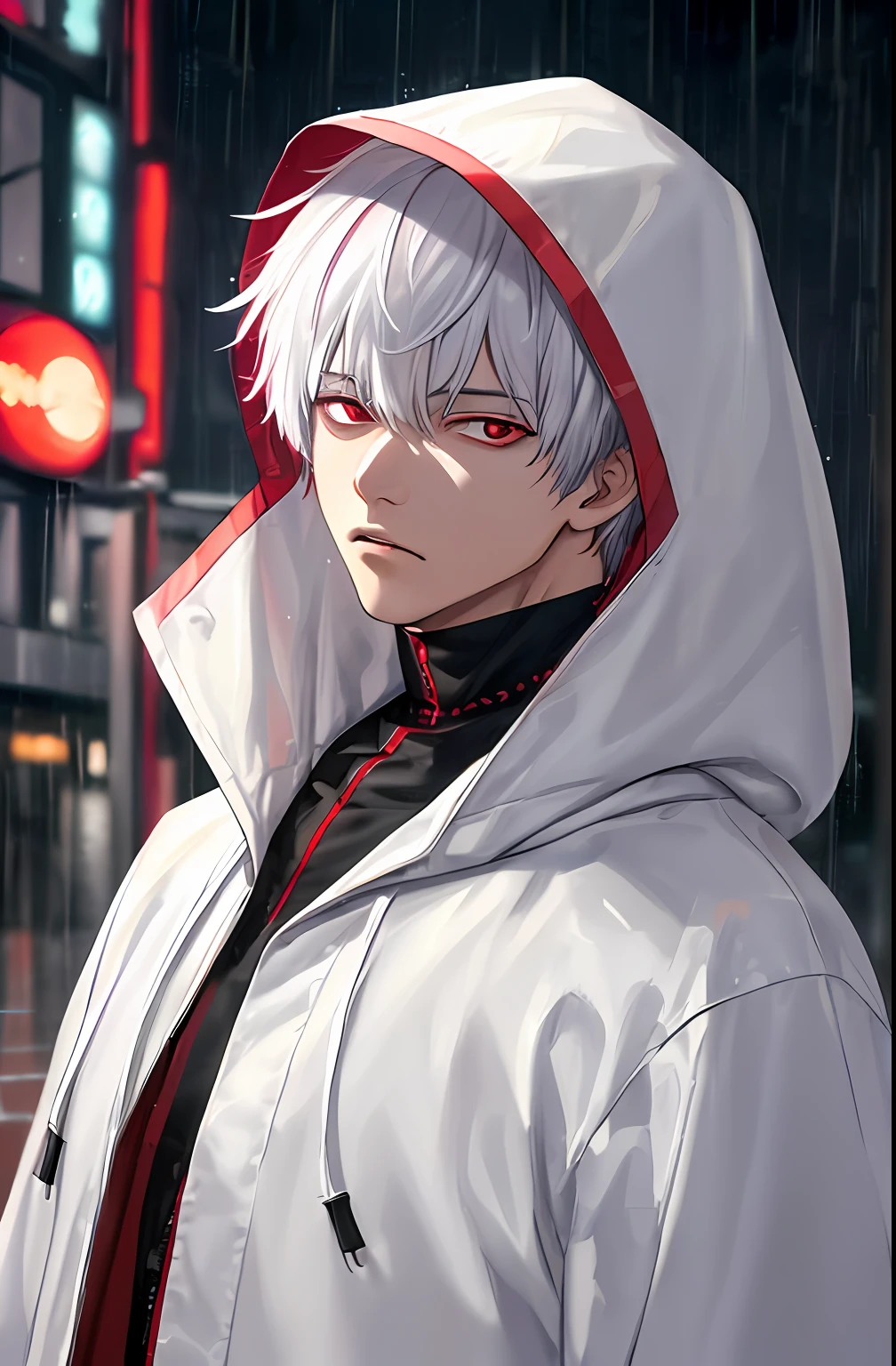 kk, best quality, more details, masterpiece, 1boy, kaneki ken, portrait, male focus, red eyes, solo, bangs, looking at viewer, hood, short hair, rain, tokyo tokyo \(city\), hood up, nail polish, white hair, luxurious, 8k, detailed, ray tracing, depth of field, cinematic lighting,