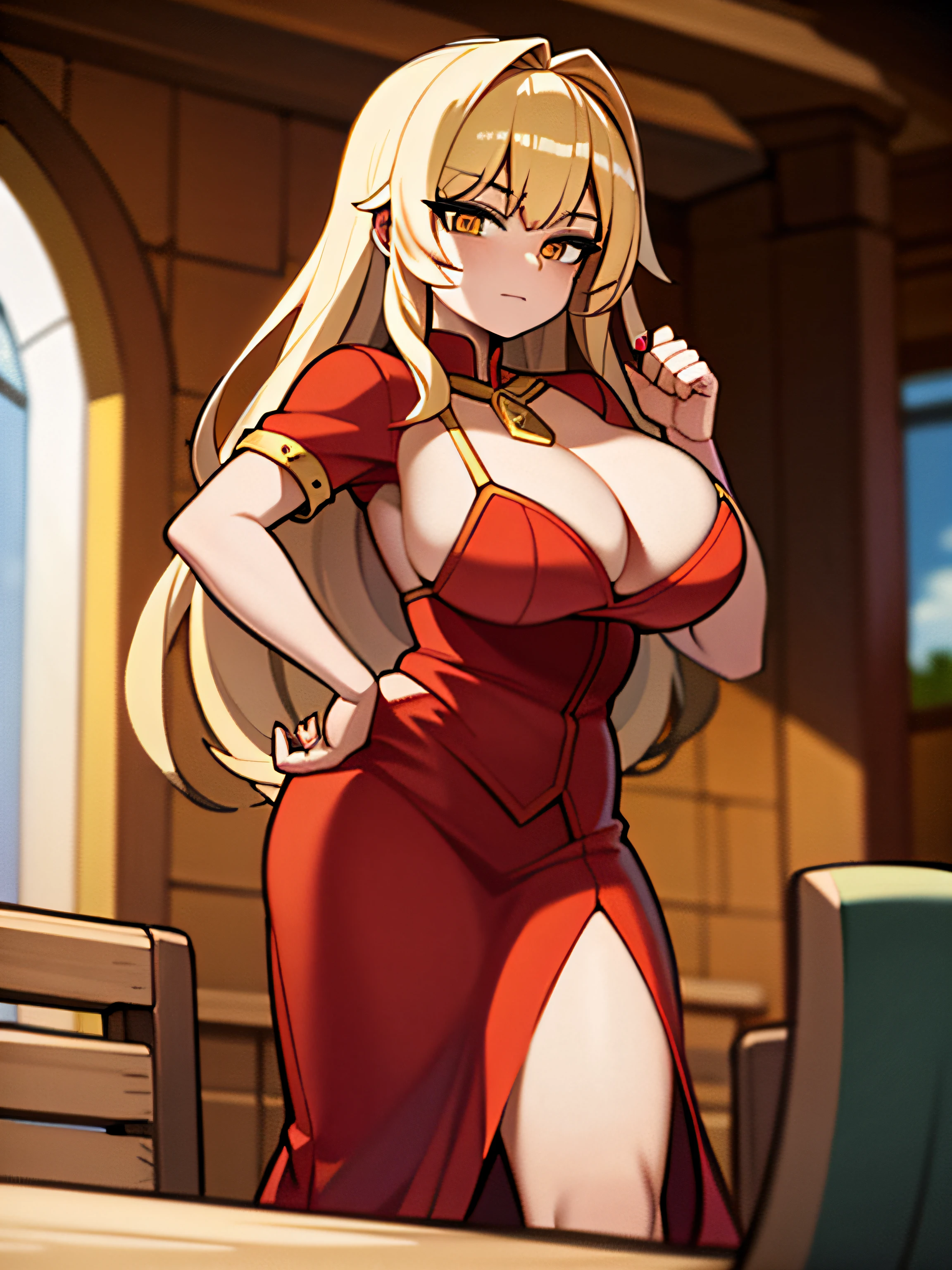 golden hair,s girl,huge tit,Red robe,medieval times,fantasy world