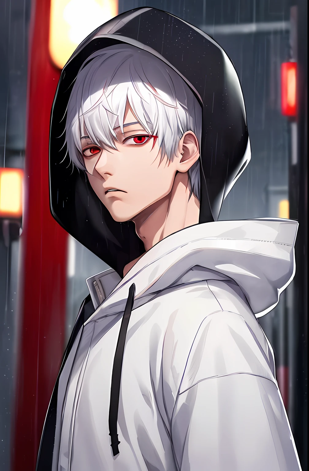 kk, best quality, more details, masterpiece, 1boy, kaneki ken, portrait, male focus, red eyes, solo, bangs, looking at viewer, hood, short hair, rain, tokyo tokyo \(city\), hood up, nail polish, white hair, luxurious, 8k, detailed, ray tracing, depth of field, cinematic lighting,
