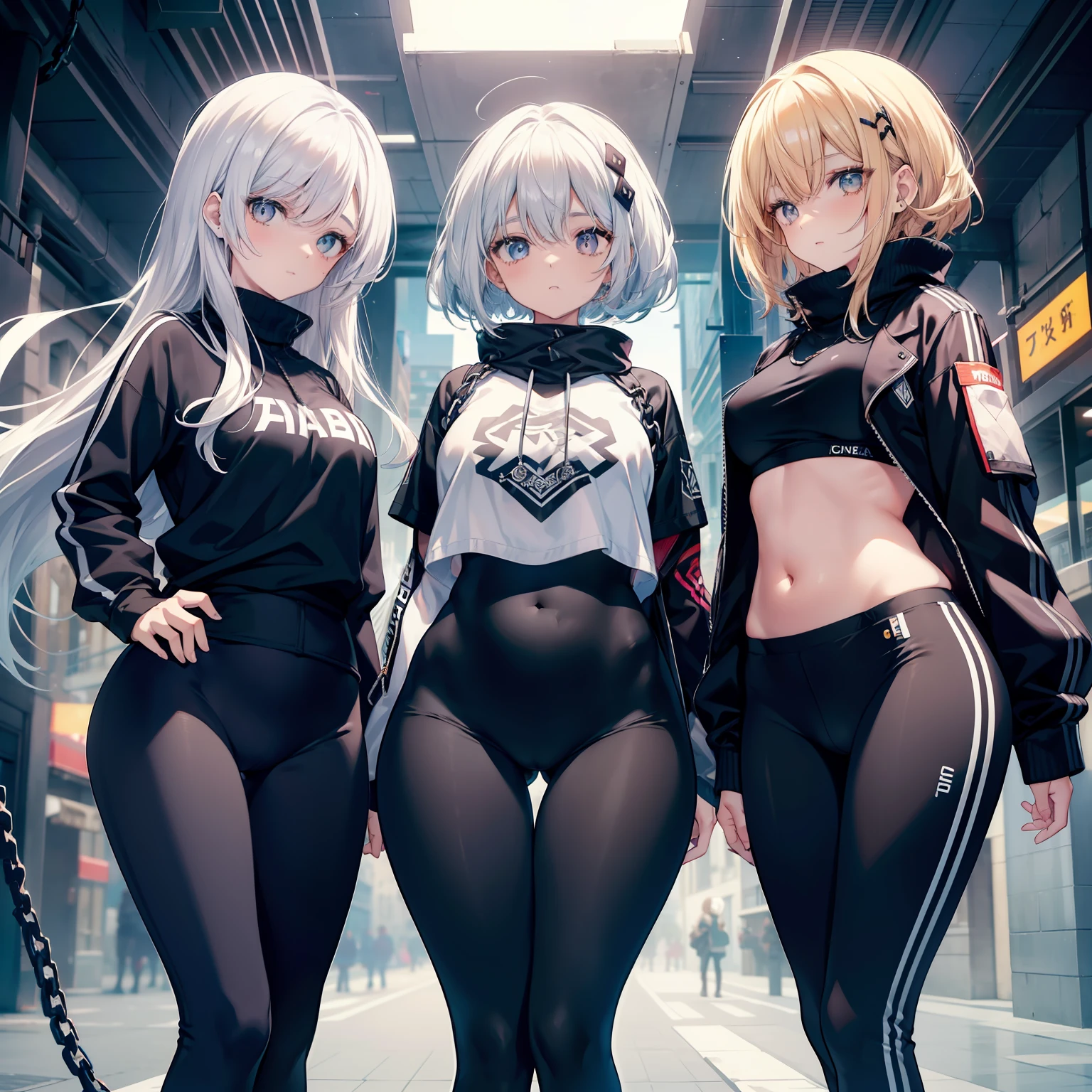 corpo bonito, cara bonita, 3 s juntas, meninavelha, Cabelos ruivos claros, olho, chain around neck, Ombros, moletom, legging pants, peito grande, barriga, cintura fina, pernas grossas, coxas grossas, Background scenario randomly looking at the viewer