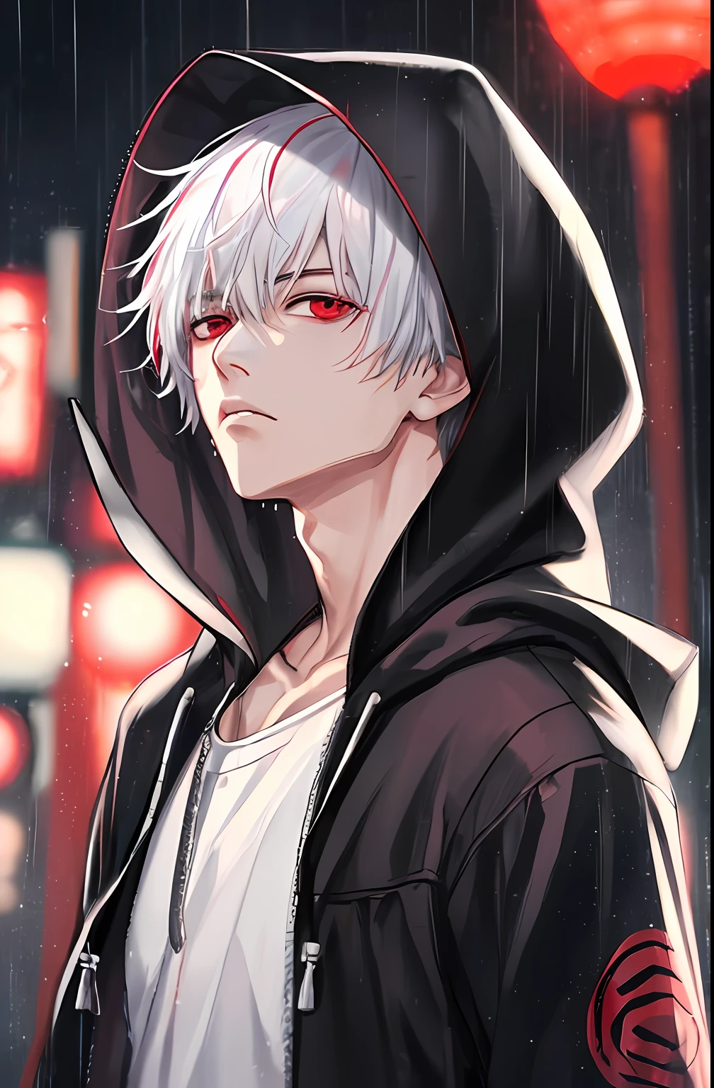 kk, best quality, more details, masterpiece, 1boy, kaneki ken, portrait, male focus, red eyes, solo, bangs, looking at viewer, hood, short hair, rain, tokyo tokyo \(city\),  hood up, nail polish, white hair, luxurious, 8k, detailed, ray tracing, depth of field, cinematic lighting,