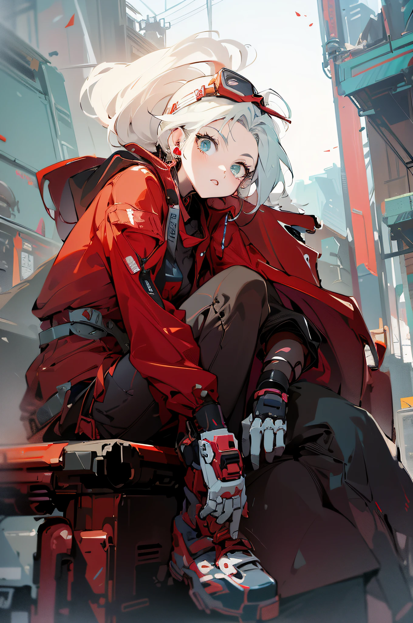 a woman in a red jacket and white hat sitting on a rail, anime mecha aesthetic, anime style 4 k, mecha asthetic, digital cyberpunk anime art, cyberpunk anime girl mech, akira vibes, anime girl of the future, in the style of akira, anime cyberpunk art, best anime 4k konachan wallpaper, cyberpunk anime art, anime cover