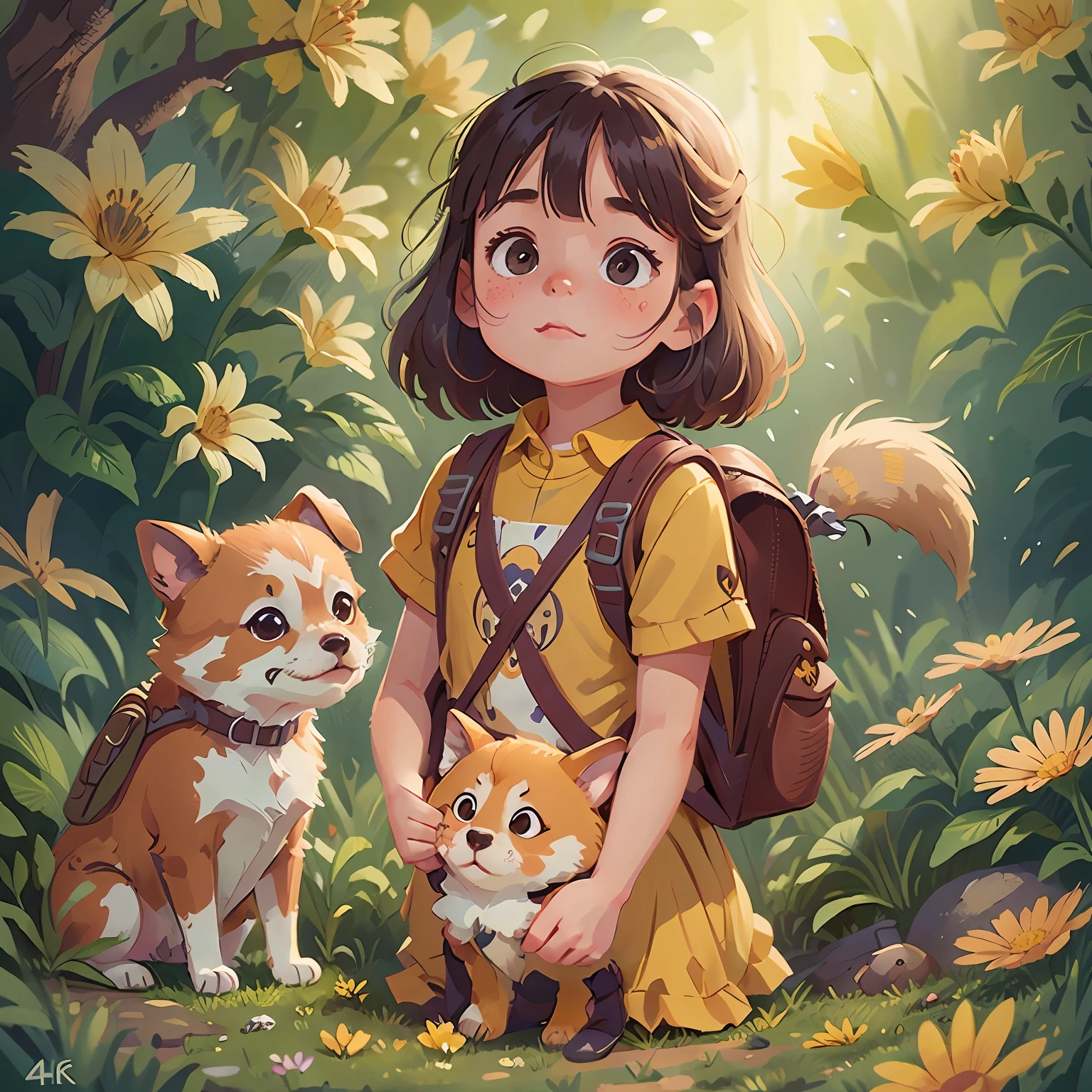 Tip: A very charming little girl with a backpack and her adorable puppy enjoying a lovely spring outing surrounded by beautiful yellow flowers and nature. The illustration is a high-definition illustration in 4K resolution with highly detailed facial features and cartoon-style visuals.