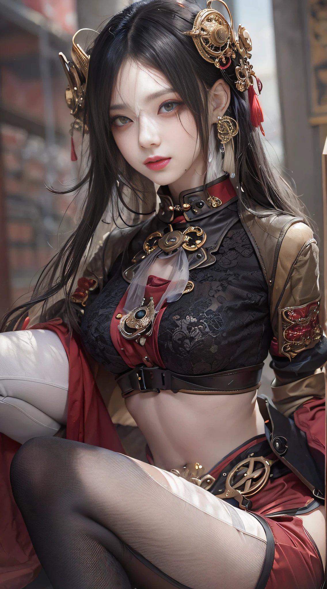 Sexy 21 year old cool Korean posing in red cheongsam and black garter, chinese clothes,, The beauty of steampunk anime, a steampunk beautiful goddess, Jeizuo, magnifica, viewer, Realistis, Full body camera view, Kneeling, Squatting, Bold, tall, Forced real water, See-through mini shirt with less white fabric, White see-through string, Less steampunk, Very detailed, Beautiful eyes of cosplay details, long eyelashes, Nice double eyelids, eye shadow, Narrow eyes, Three white eyes, Dark Eye Makeup, Evil smile, Thin, Beautiful legs, Tie short hair back, Bad face, Rolling eyes, Blushing, water running in mouth, Sticky tongue, Vaginal orchid, Vaginal discharge, Squirting, (((Very small breasts))), Grasp your breasts with both hands, Spread legs, sexual excitement, Sex Expressions, Bare skin