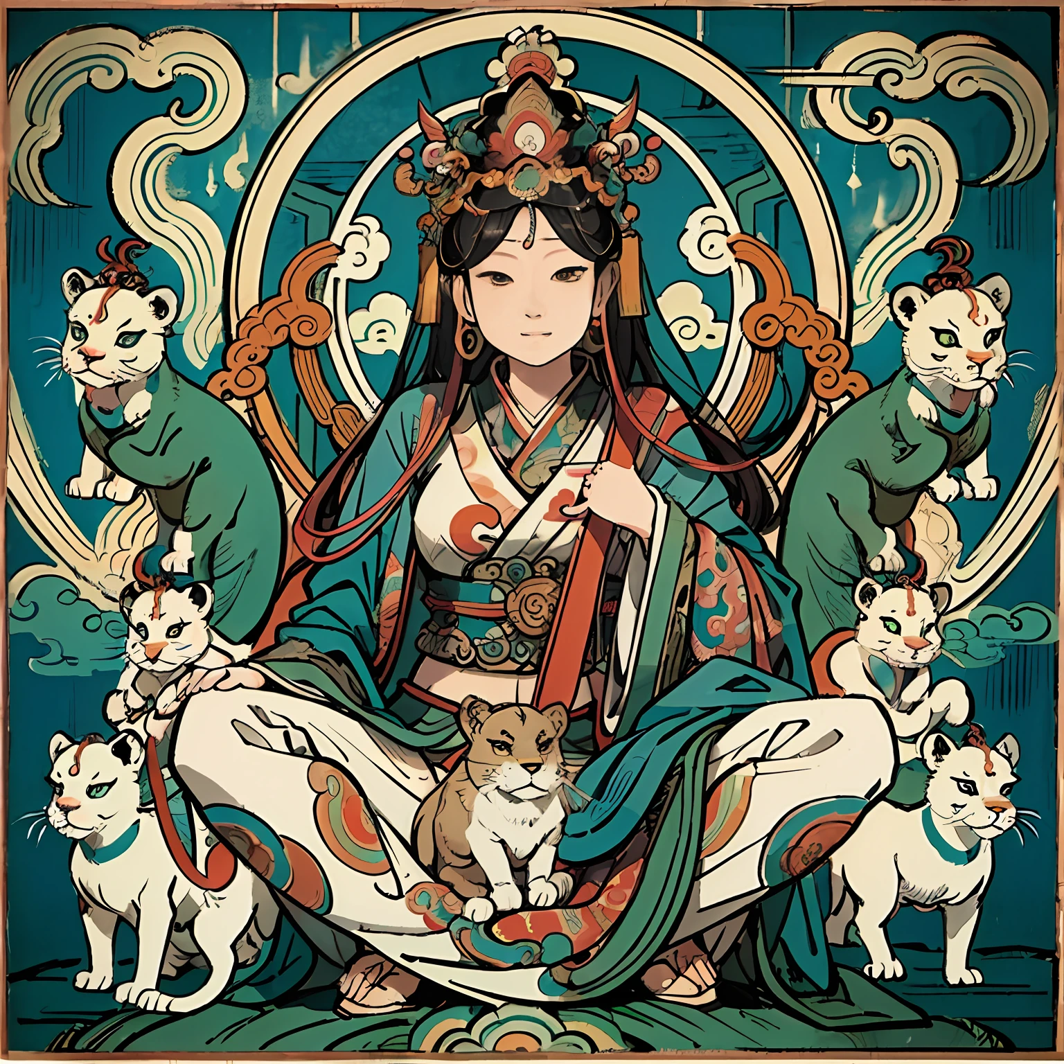 an ancient Chinese goddess, guanyin of the southern seas, Guanyin, Inspired by India, Avalokiteshvara rides a lion,Serene expression,shui mo hua,Buddha,Buddhist,Lotus,Chinese painting style,Thangka style