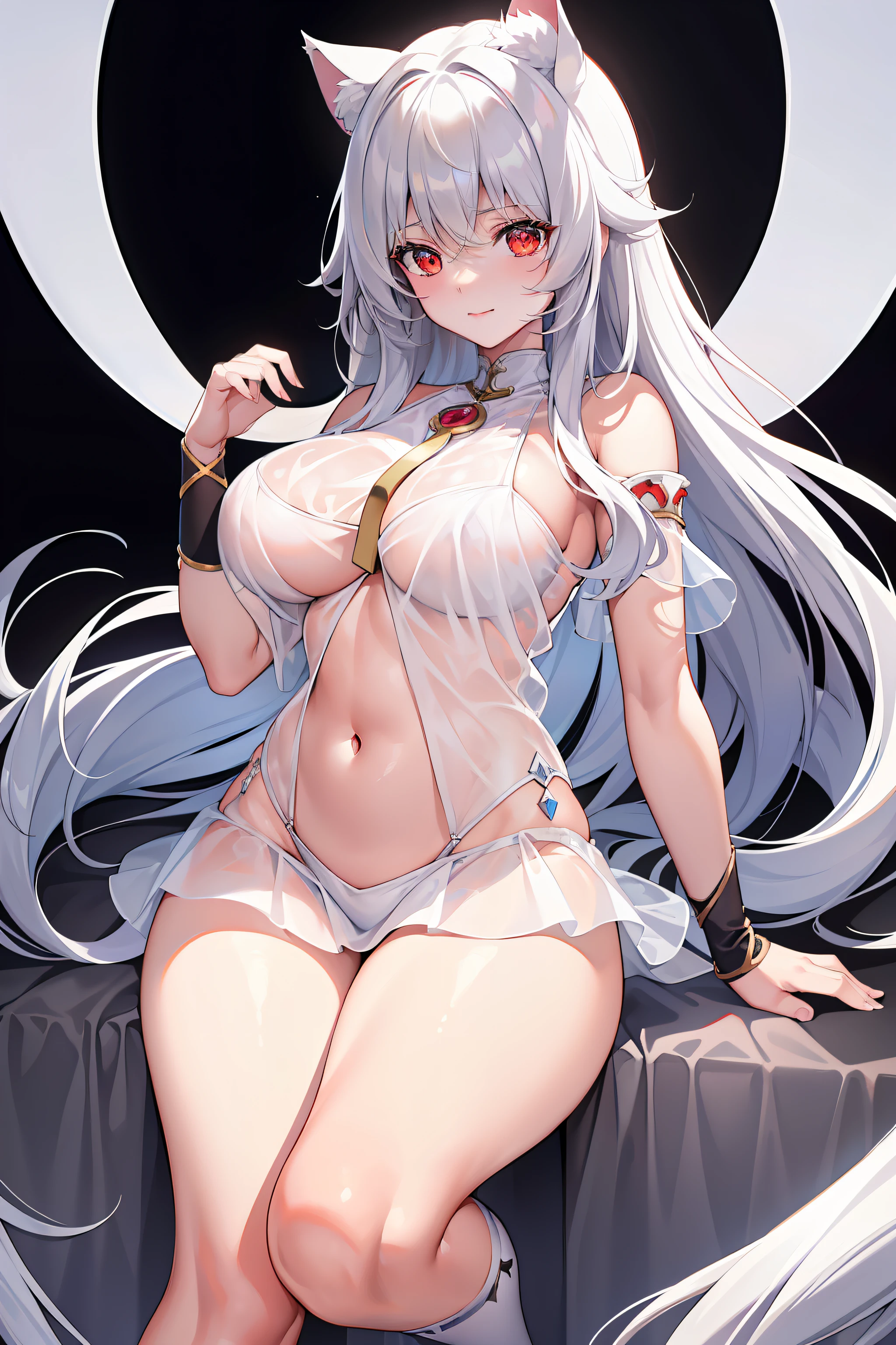 (Masterpiece), (Best quality), full bodyesbian,Simple background, 1girll,Shiny hair,White hair, White cloak, ((See-through)),navel,Light smile,((black sock)),Naked female big breast,navel，cat ear, Long hair， Red eyes，(Gushki thighs:1.2), Beds