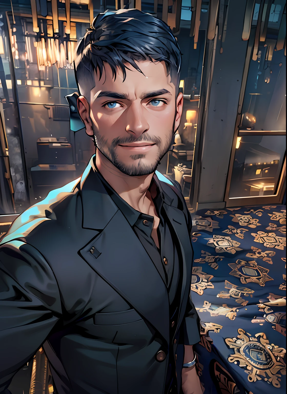 undercucho, headshot, (jacked charlzcjm, bright hazel green eyes), (curly low fade haircut:1.14), (sunburned skin, 5 o'clock shadow) ((smirking, buff)), detailed face, detailed iris, full lips, ((cute, wearing a modern luxury dark navy blue suit, pocket handkerchief, buff, wavy low fade haircut)), ((grey background, symmetrical facial features)), intricate details, studio lighting, 80mm, portrait, shallow depth of field, CEO, smirking, happy 8k uhd, dslr, soft lighting, high quality, film grain, Fujifilm XT3