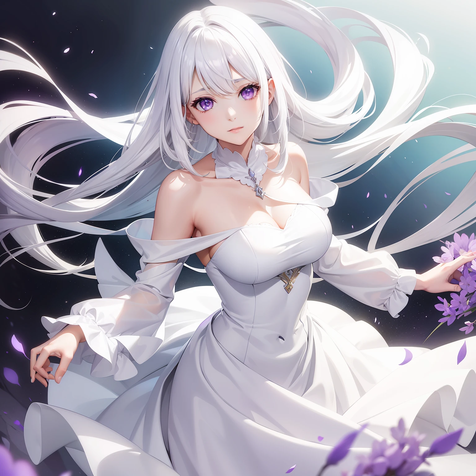 a women, white hair, purple eyes, white dress
