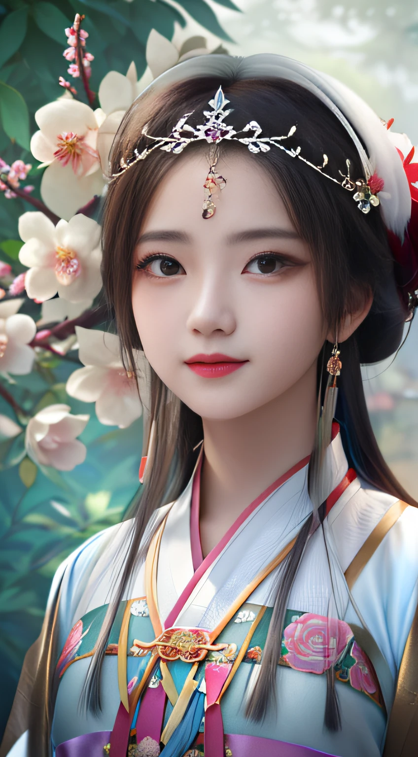 Close-up of a woman wearing a flower crown and dress, Palace , A girl in Hanfu, Guviz-style artwork, Inspired by Lan Ying, Hanfu, White Hanfu, inspired by Jin Nong, a beautiful fantasy empress, inspired by Wu Bin, Chinese style, Guviz, China Princess, Chinese girl