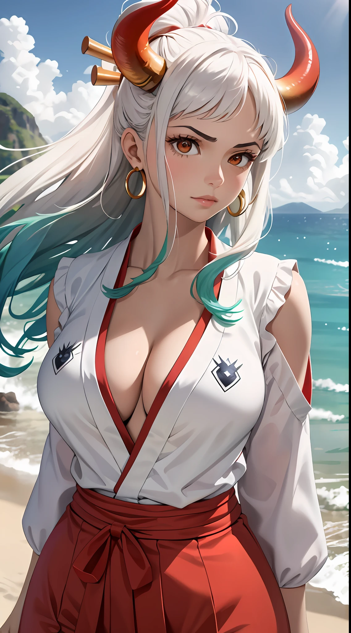 Masterpiece, Best quality, 1womanl, A high resolution,  Beautiful girl ,  yamatowanpi，Large breasts，cleavage，White color blouse，looks into camera，Bust photo，Raised sexy，Be red in the face，Sea background