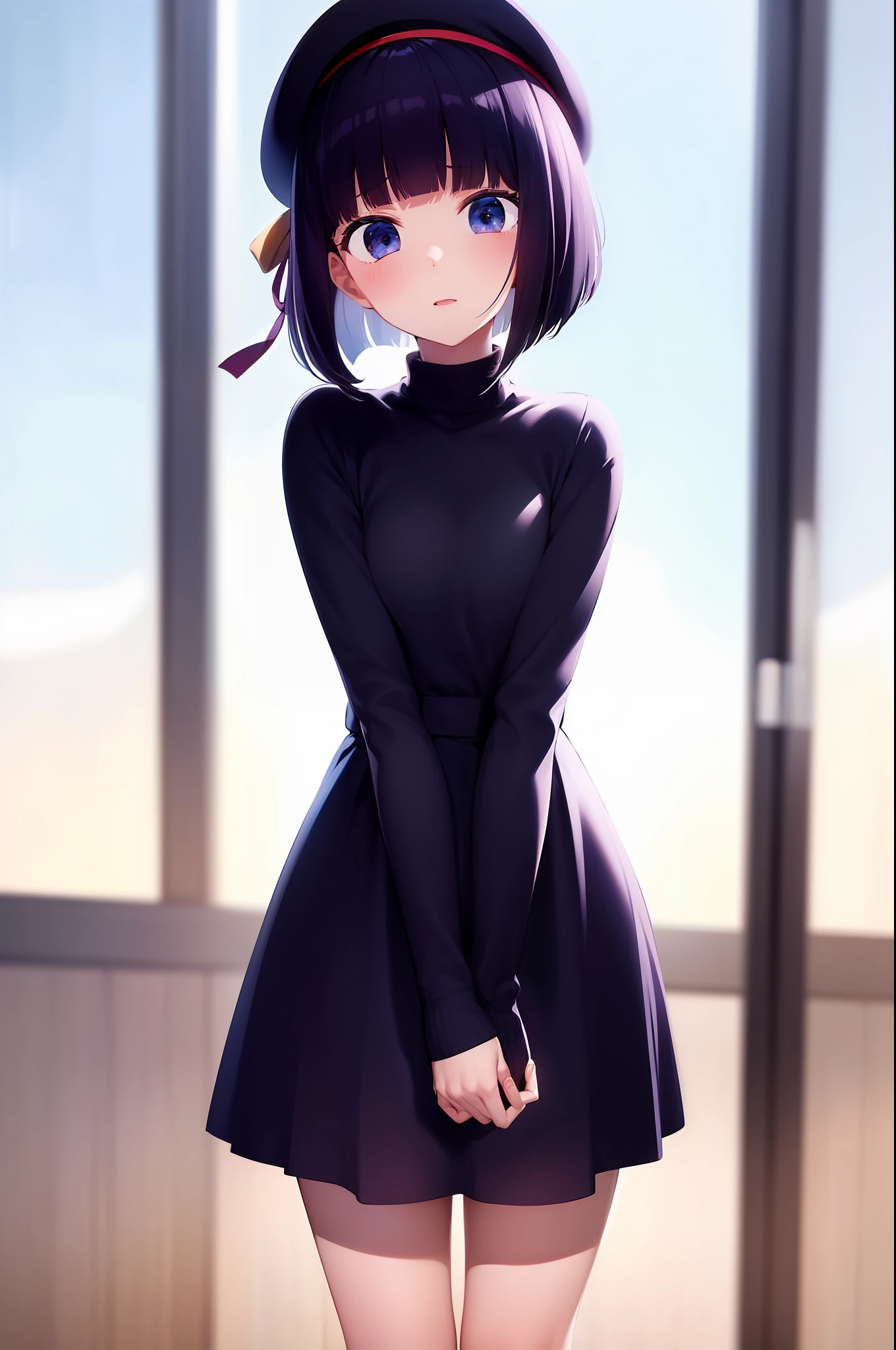 1 girl, graduation bob, straight short hair, big droopy eyes, small beret, high school