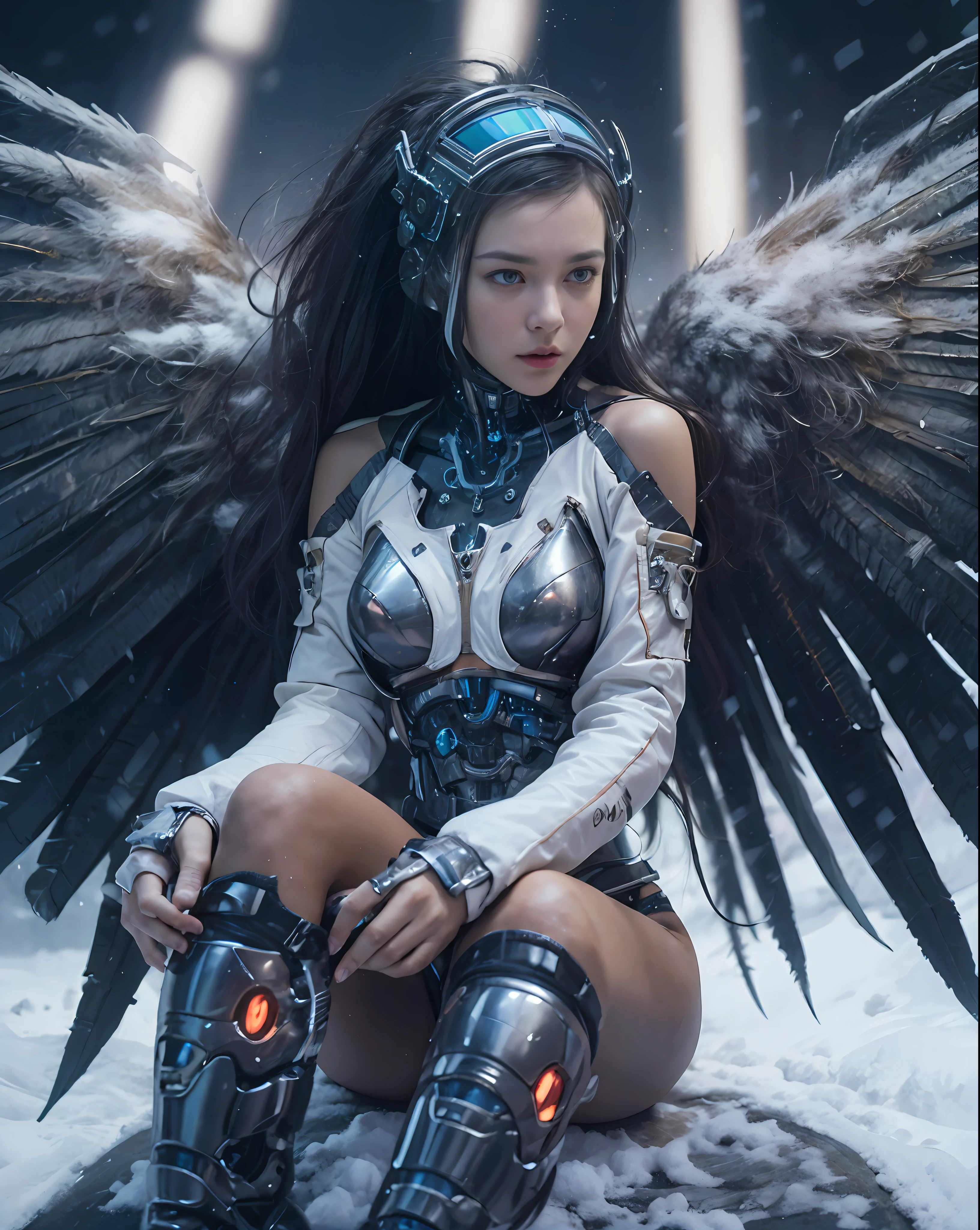 1girl, solo, realistic, photography, wearing a cyberpunk helmet, underwear, sitting with their legs crossed, greaves, medium breast, (cyborg arms:1.4), cinematic colorgrading film, dramatic scenes, RAW photo, Masterpiece, ultra wide angle, half-body, Ultra Fine Photo, Best Quality, Ultra High Resolution, Photorealistic, volumetric light, Stunningly Beautiful, Delicate Face, Vibrant Eyes, (Highest quality:1.3), (sharp focus:1.5), (skin_textures:1.2), (photorealistic:1.5), (highly detailed skin), (detailed face), (high detailed skin:1.2), (glistening skin:1.15), night, city, snow, snowy, (big wings:1.2), glossy, calestial, looking viewer,  (fluffy crop jacket:1.2)